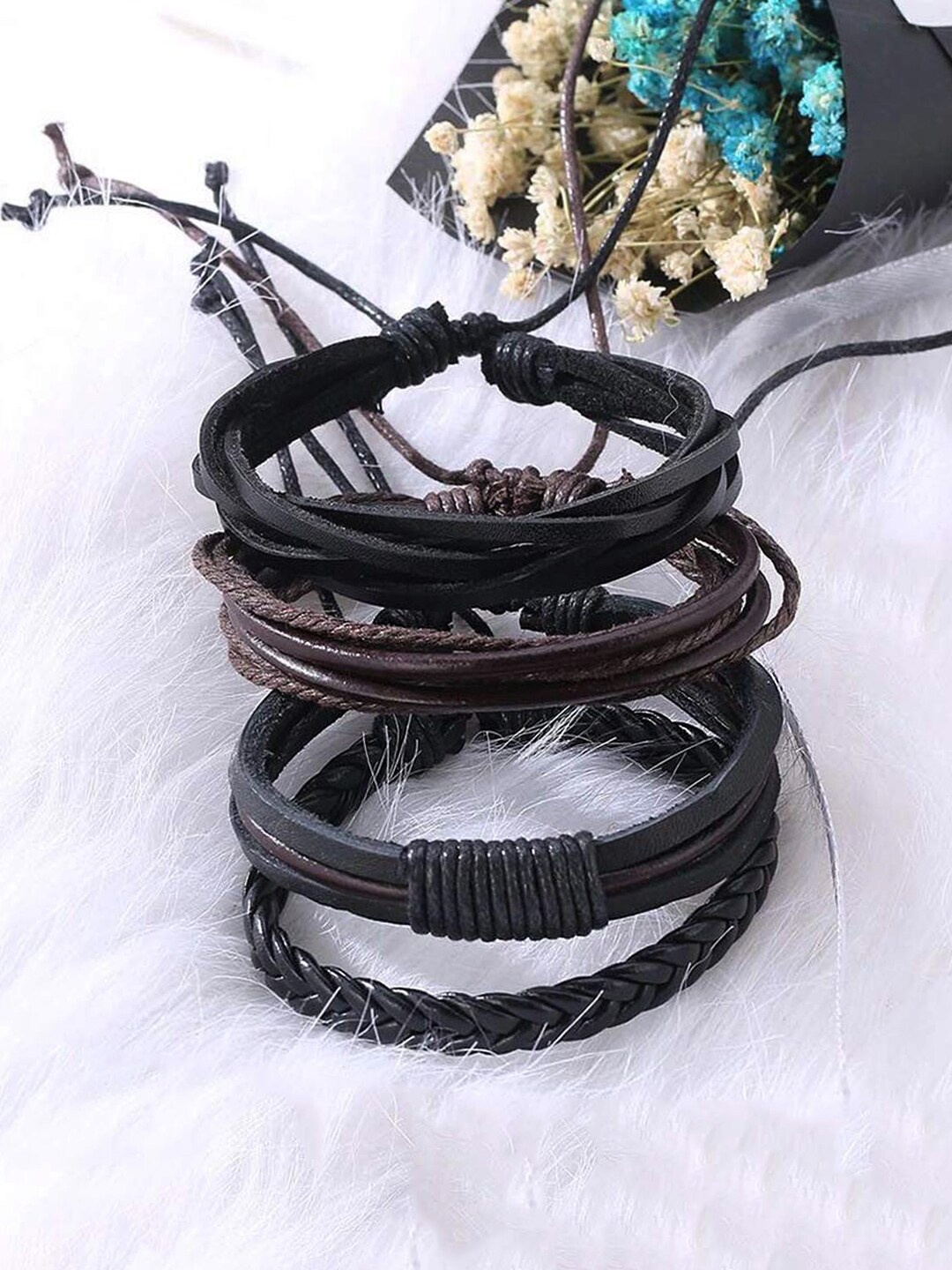 Yellow Chimes Men Pack of 4 Brown & Black Leather Wraparound Bracelet