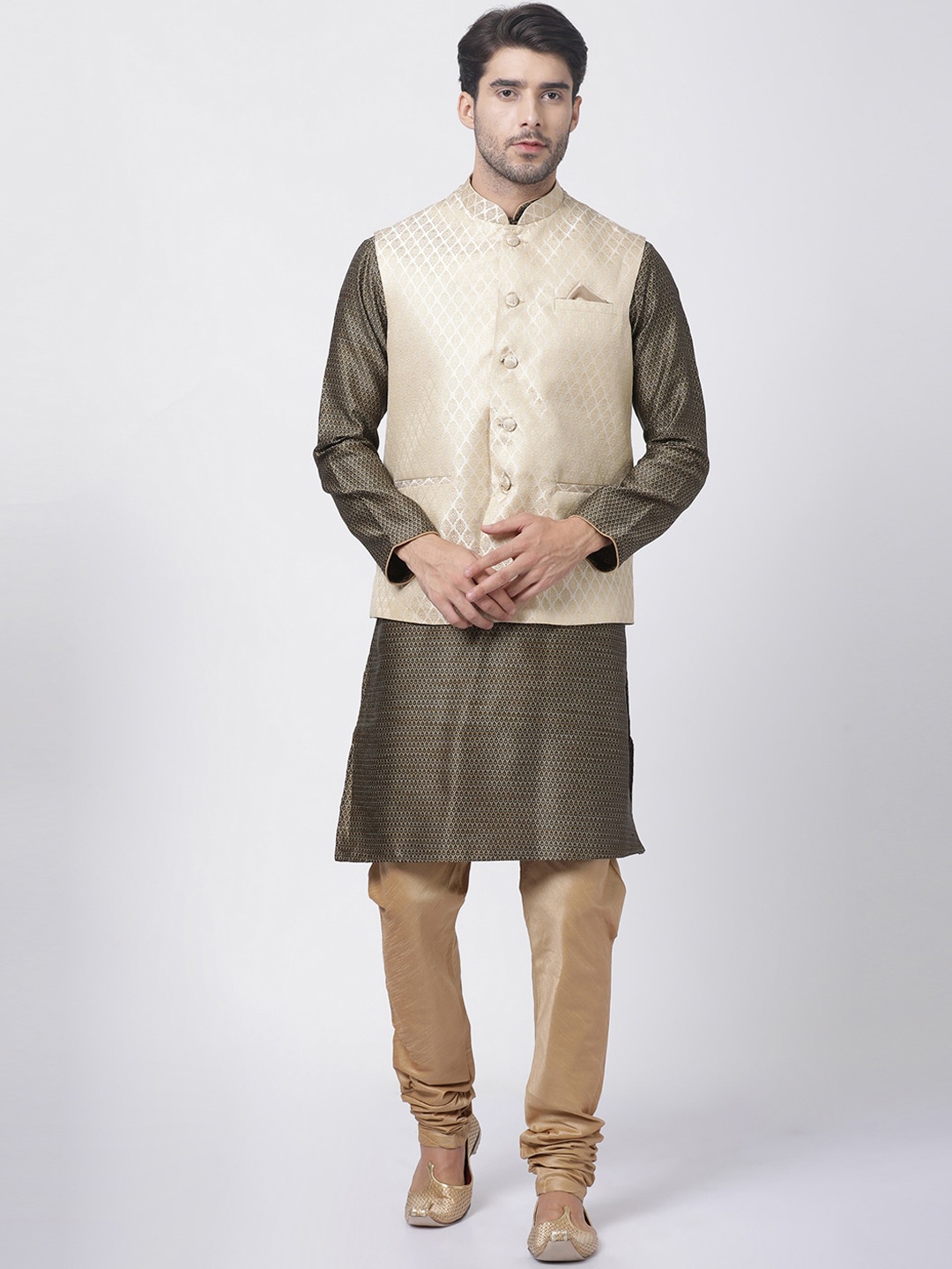 VASTRAMAY Men Olive Green Self Design Kurta & Churidar With Nehru Jacket