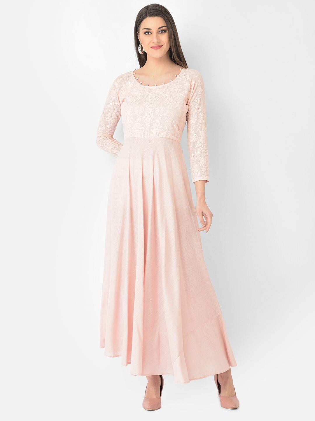 Ojjasvi Women Pink & White Embroidered Maxi Dress