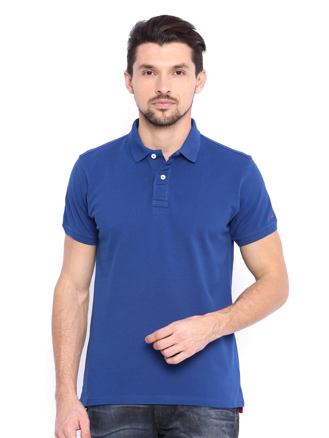 Basics Men Blue Solid Muscle Fit Polo T-shirt