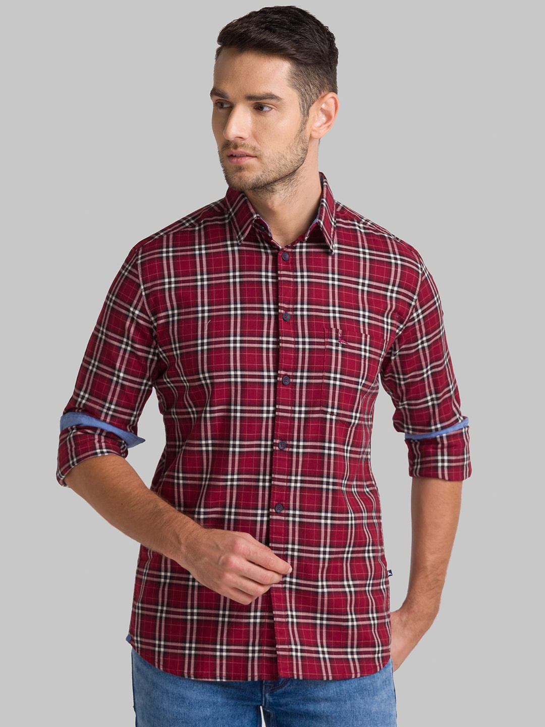 Parx Men Red & White Slim Fit Tartan Checks Checked Casual Shirt