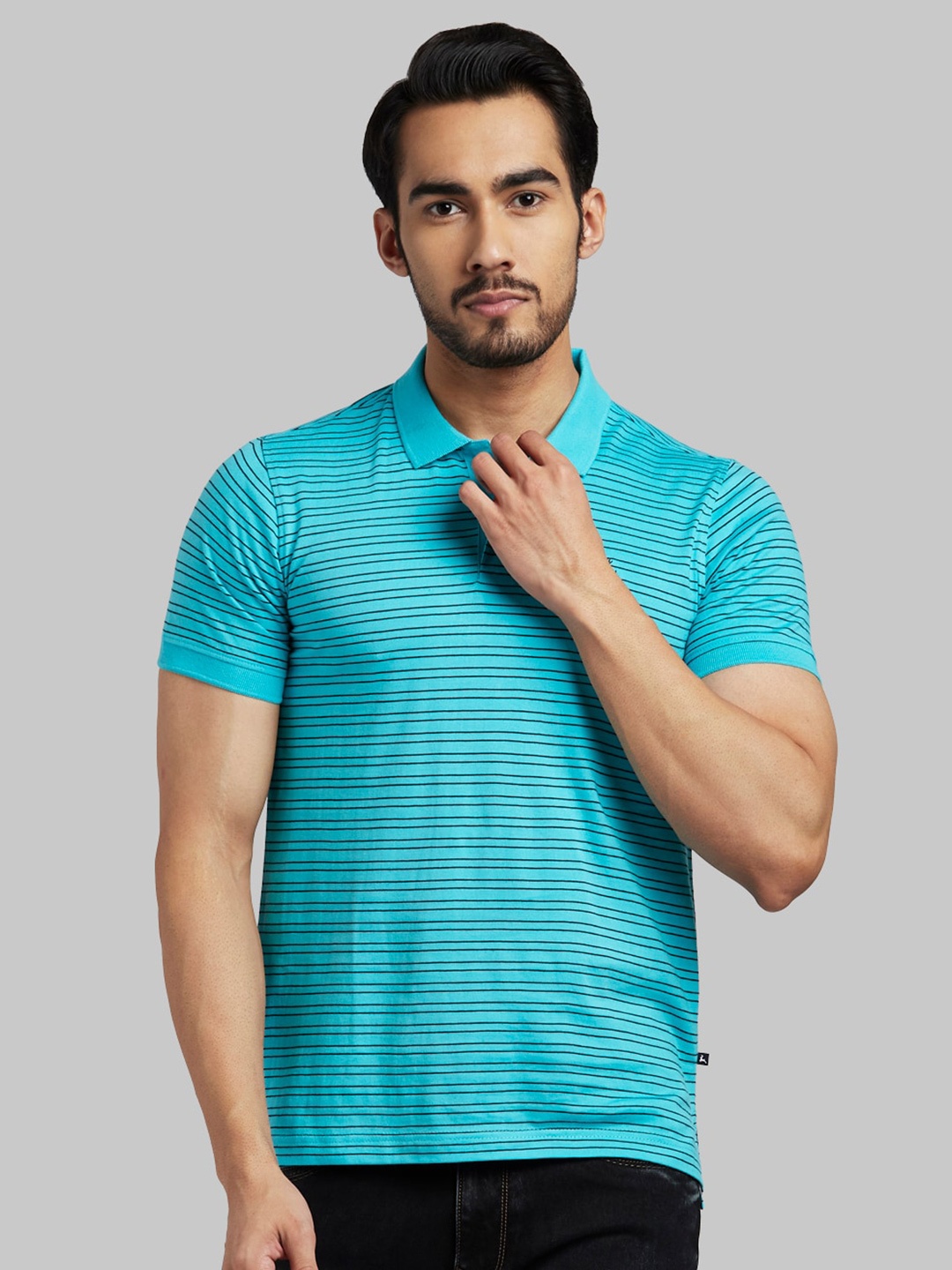 Parx Men Blue Striped Polo Collar Pockets T-shirt