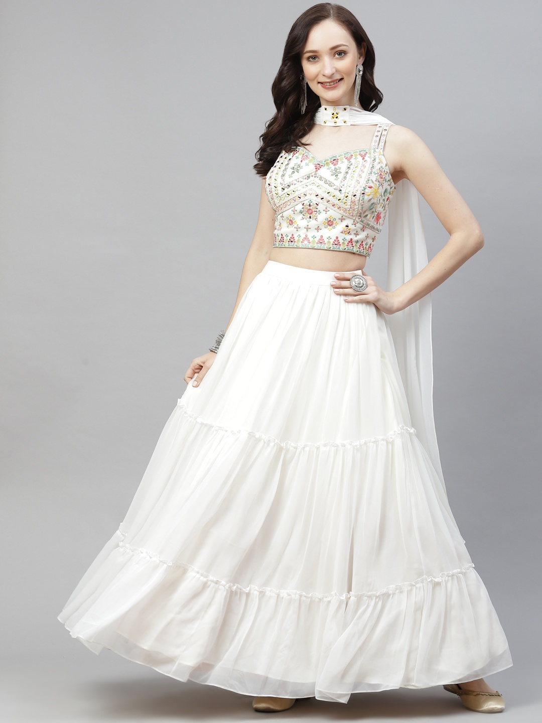 Readiprint Fashions Women White Embroidered Mirror Work Lehenga & Blouse With Dupatta
Readiprint Fashions Women White Embroidered Mirror Work Lehenga & Blouse With Dupatta