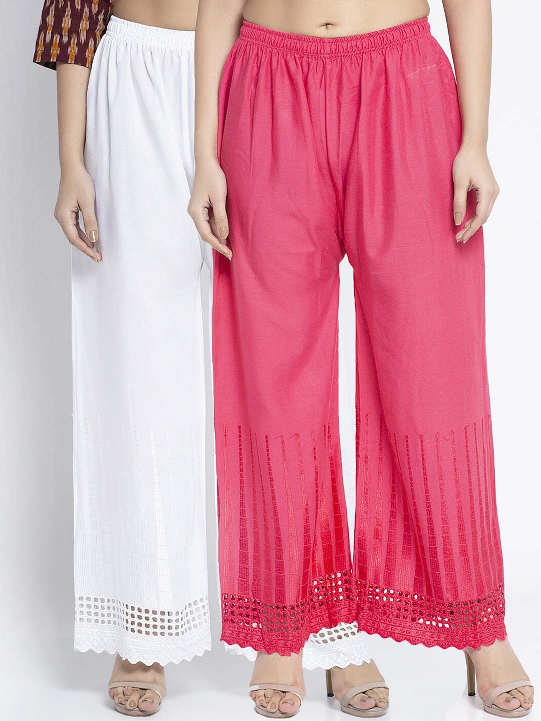 Jinfo Women White & Pink Set of 2 Flared Ethnic Palazzos