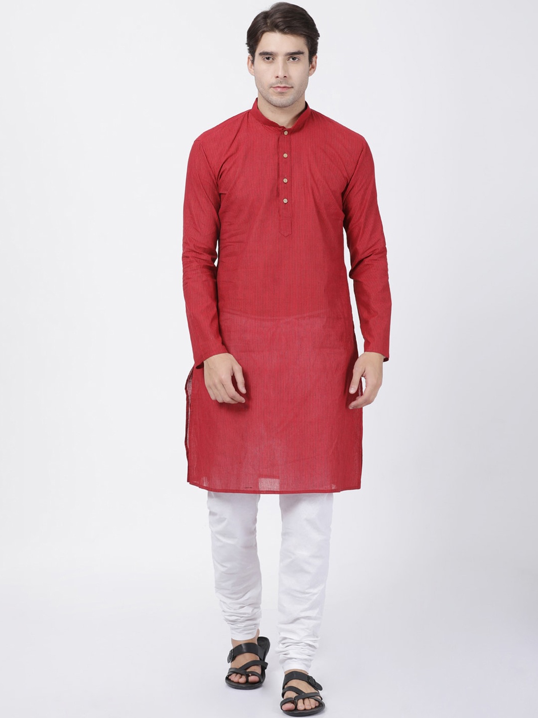 VASTRAMAY Men Red & White Pure Cotton Kurta with Churidar