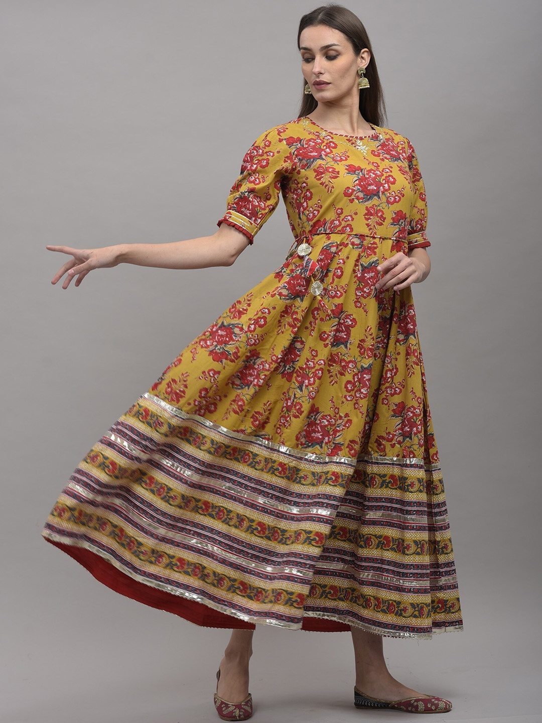 KALINI Women Mustard Yellow Floral Printed Anarkali Kurta
