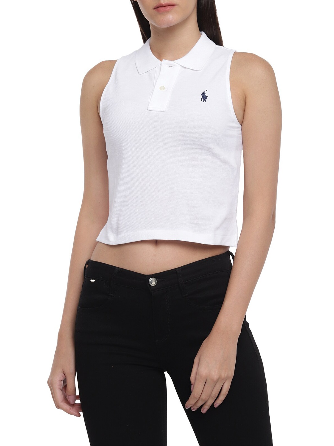 Polo Ralph Lauren Women White Shirt Style Pure Cotton Crop Top