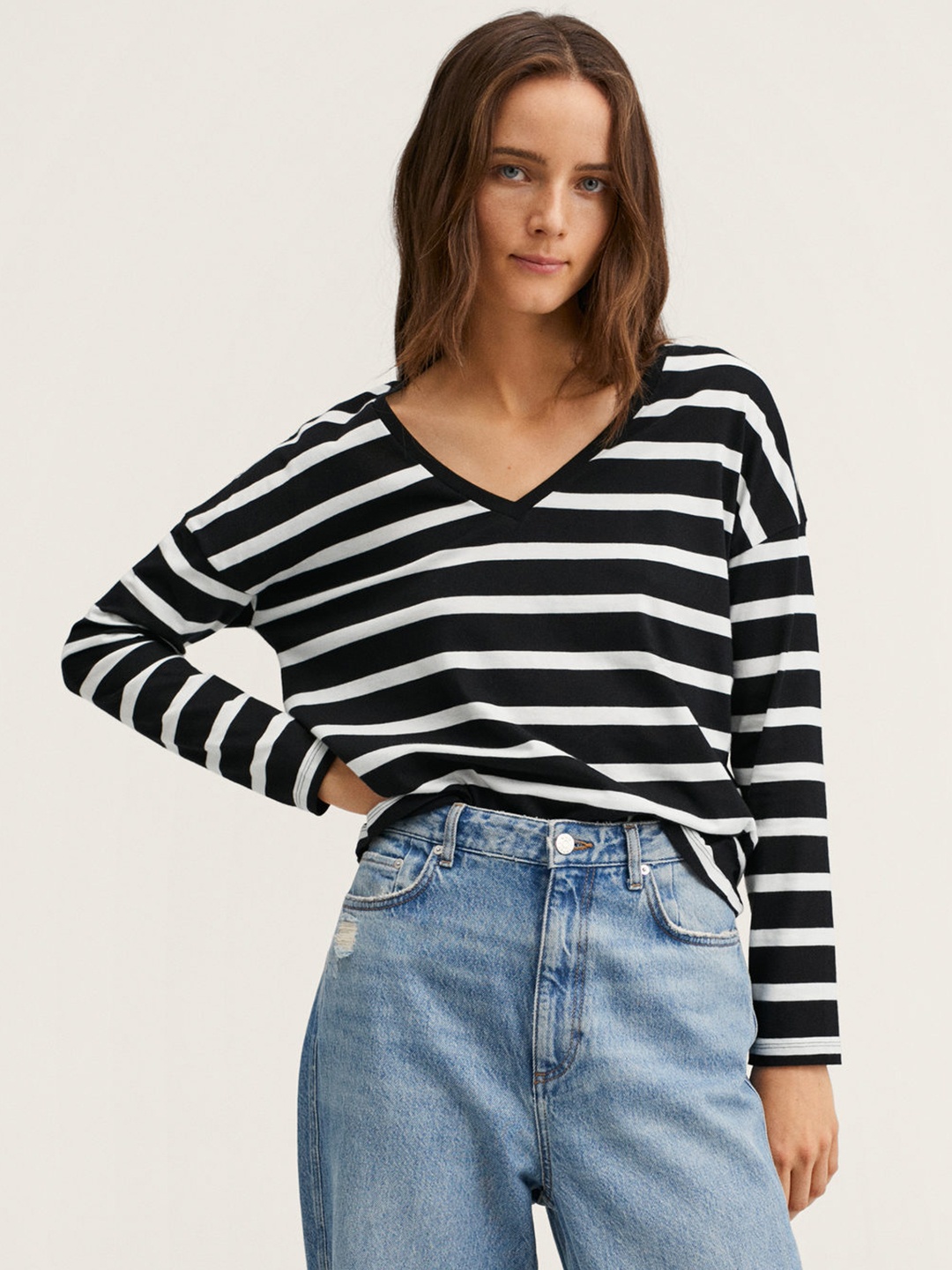 MANGO Women Black & White Striped V-Neck Cotton T-shirt