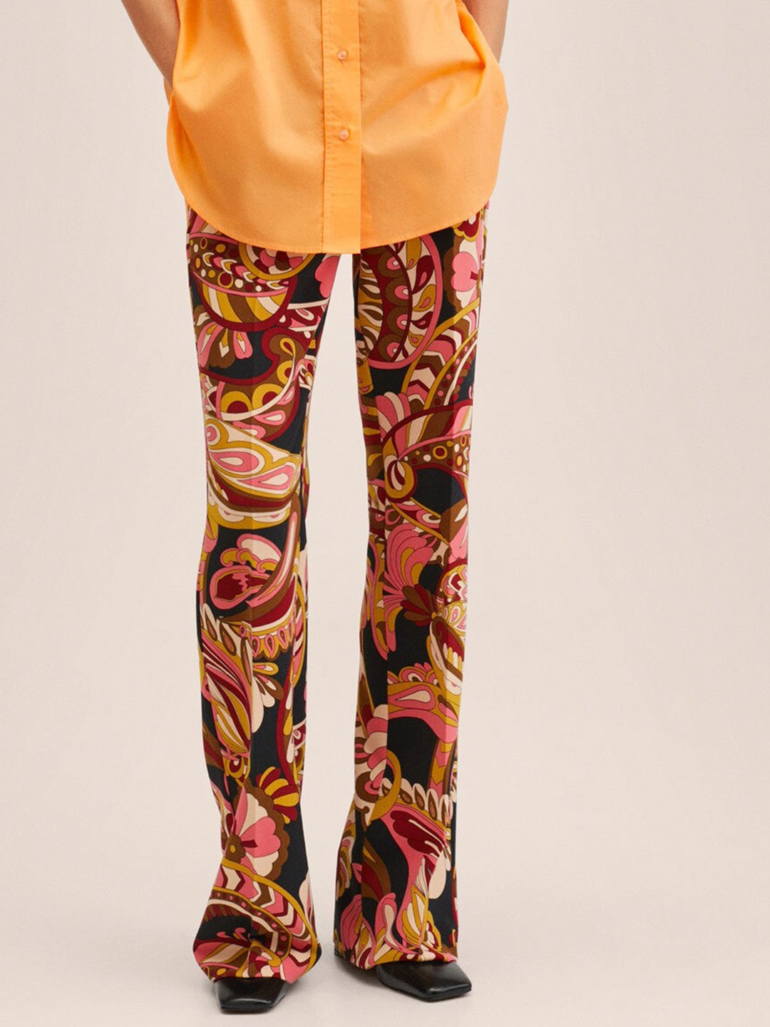 MANGO Women Black & Pink Abstract Printed Trousers