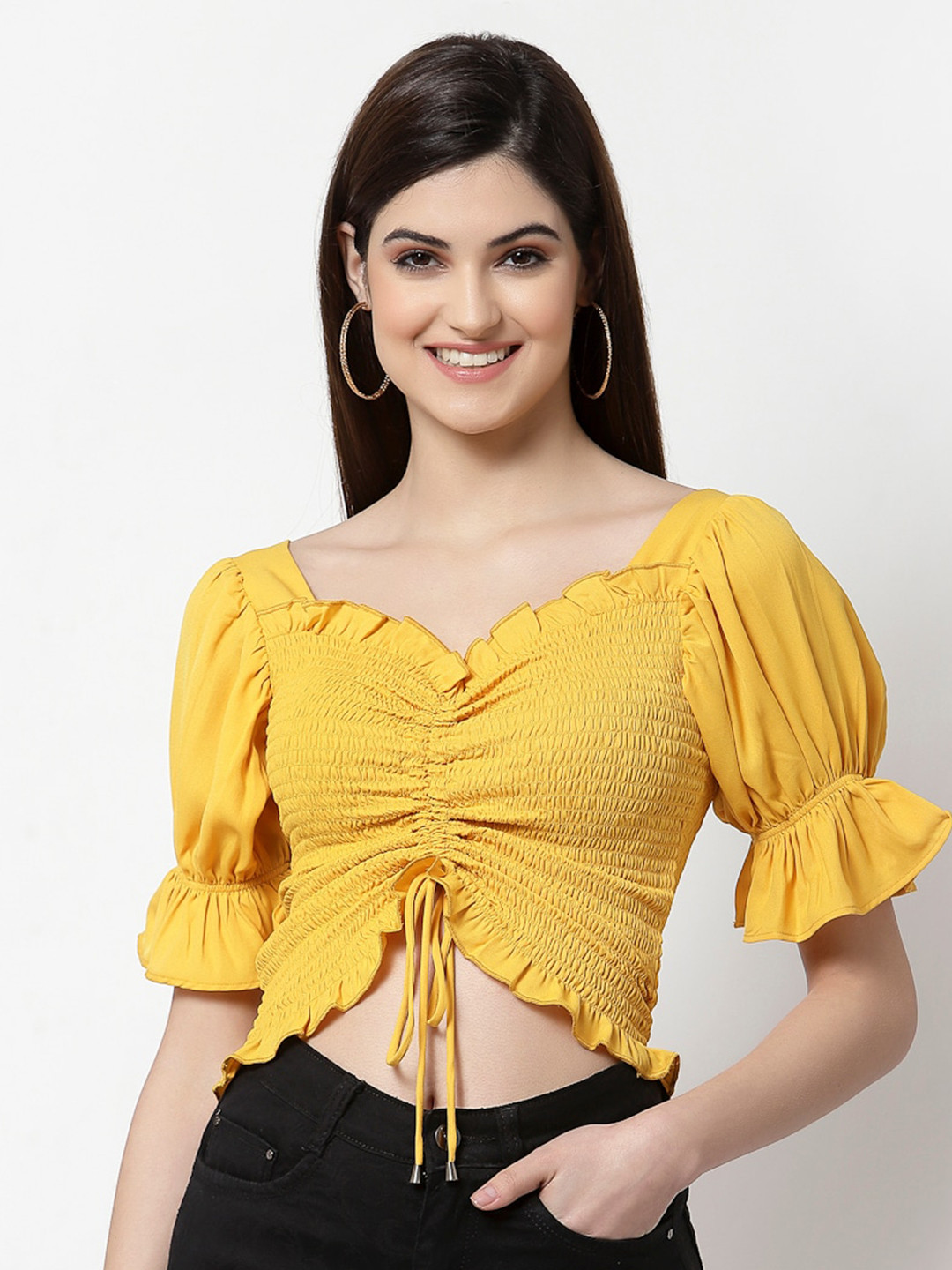 Style Quotient Yellow Smocked Puff Sleeves Crop Top 
Style Quotient Yellow Smocked Puff Sleeves Crop Top