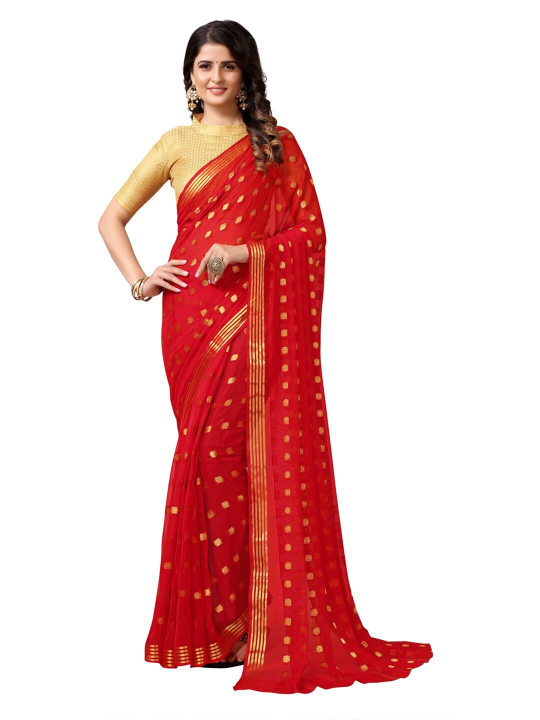 KALINI Red & Gold-Toned Ethnic Motifs Woven Zari Saree