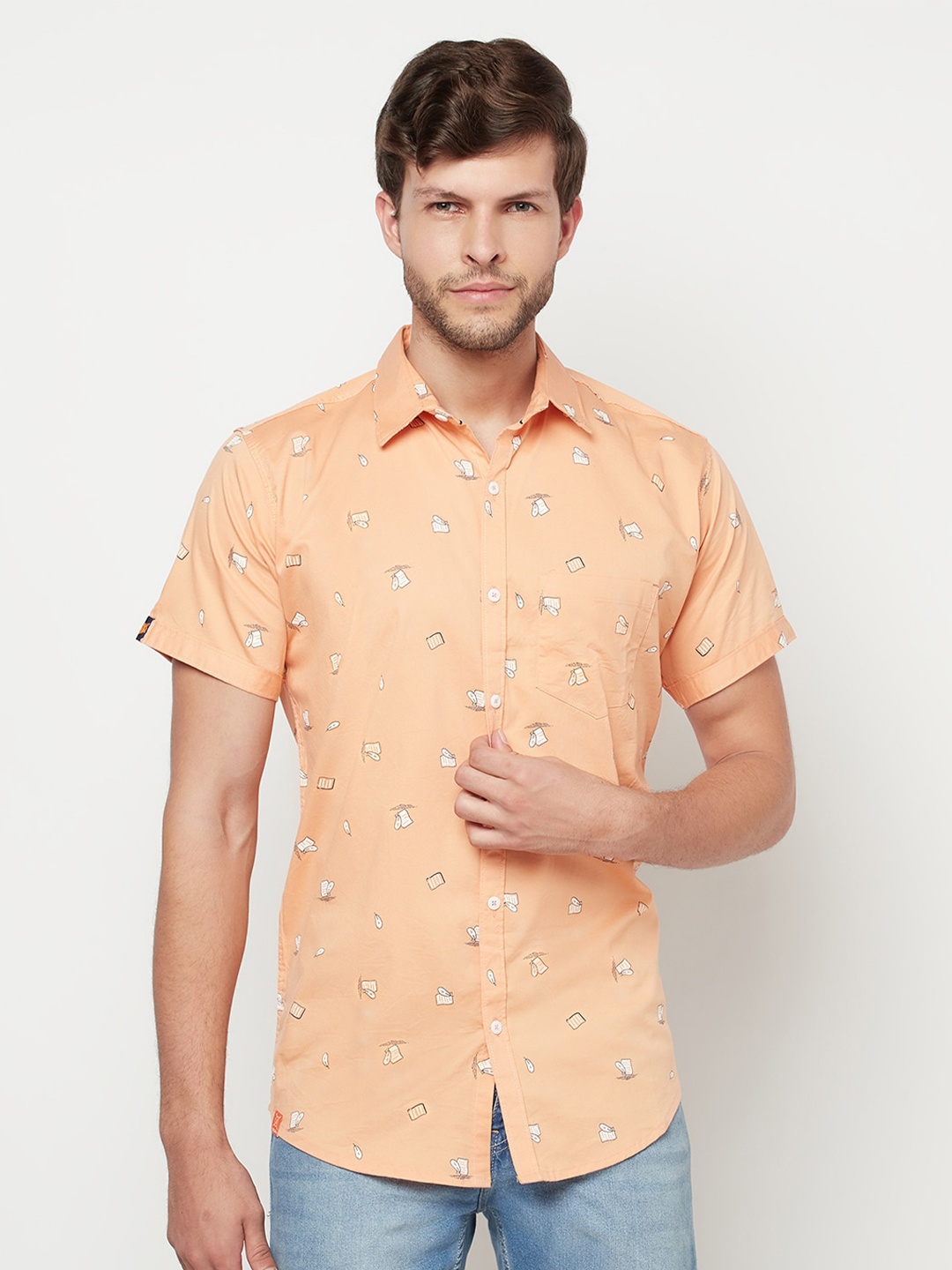 Purple State Men Orange Slim Fit Printed Casual Shirt