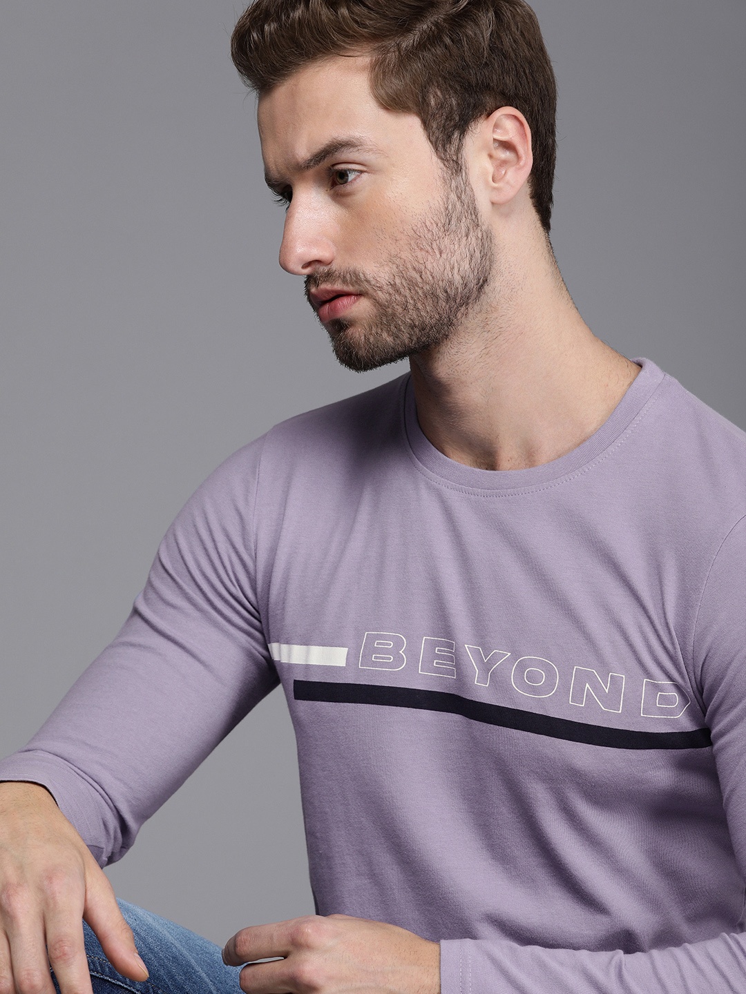 WROGN Men Lavender Typography Printed Pure Cotton Slim Fit T-shirt