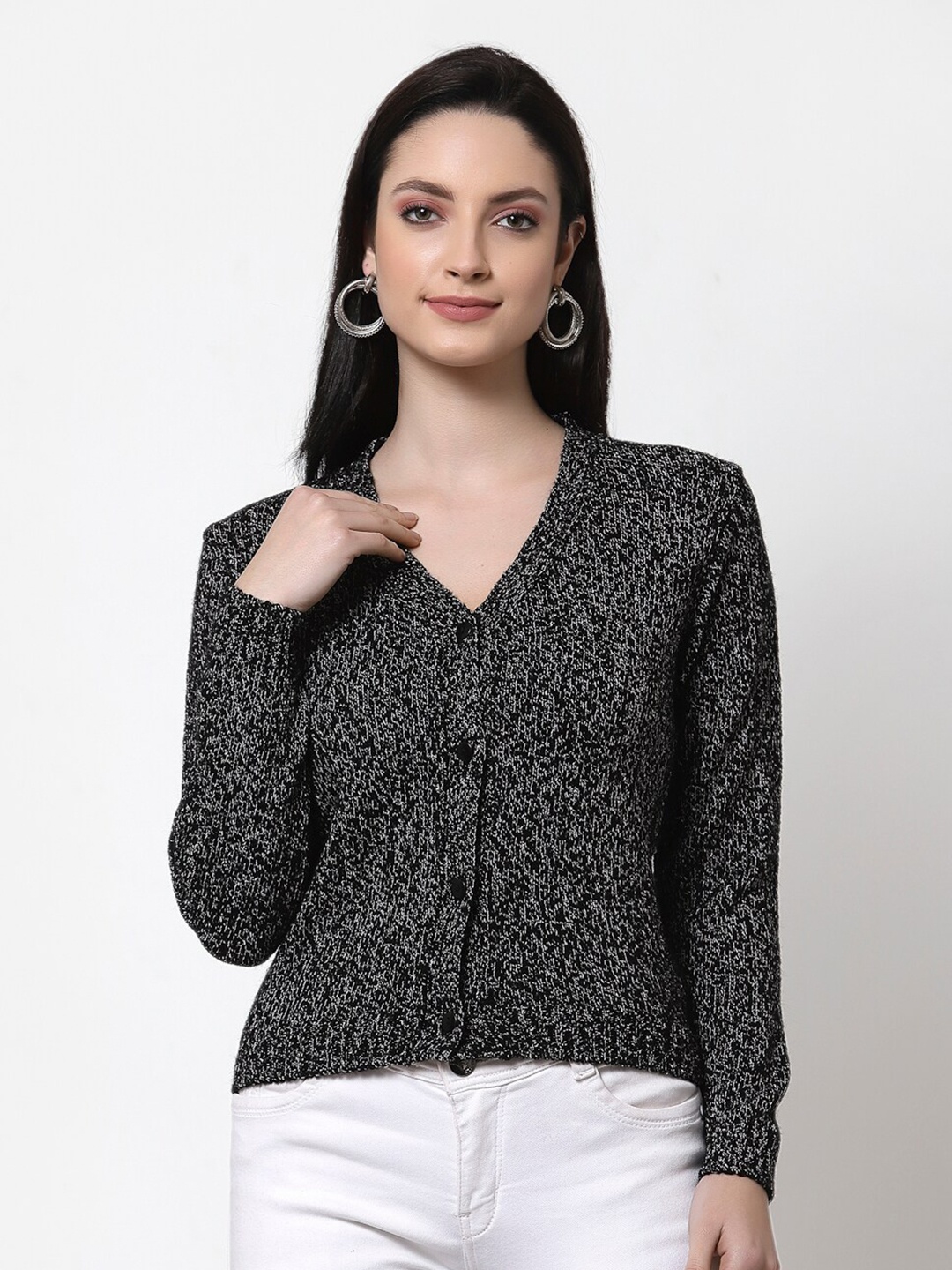 Club York Women Acrylic Black & Beige Self Design Cardigan