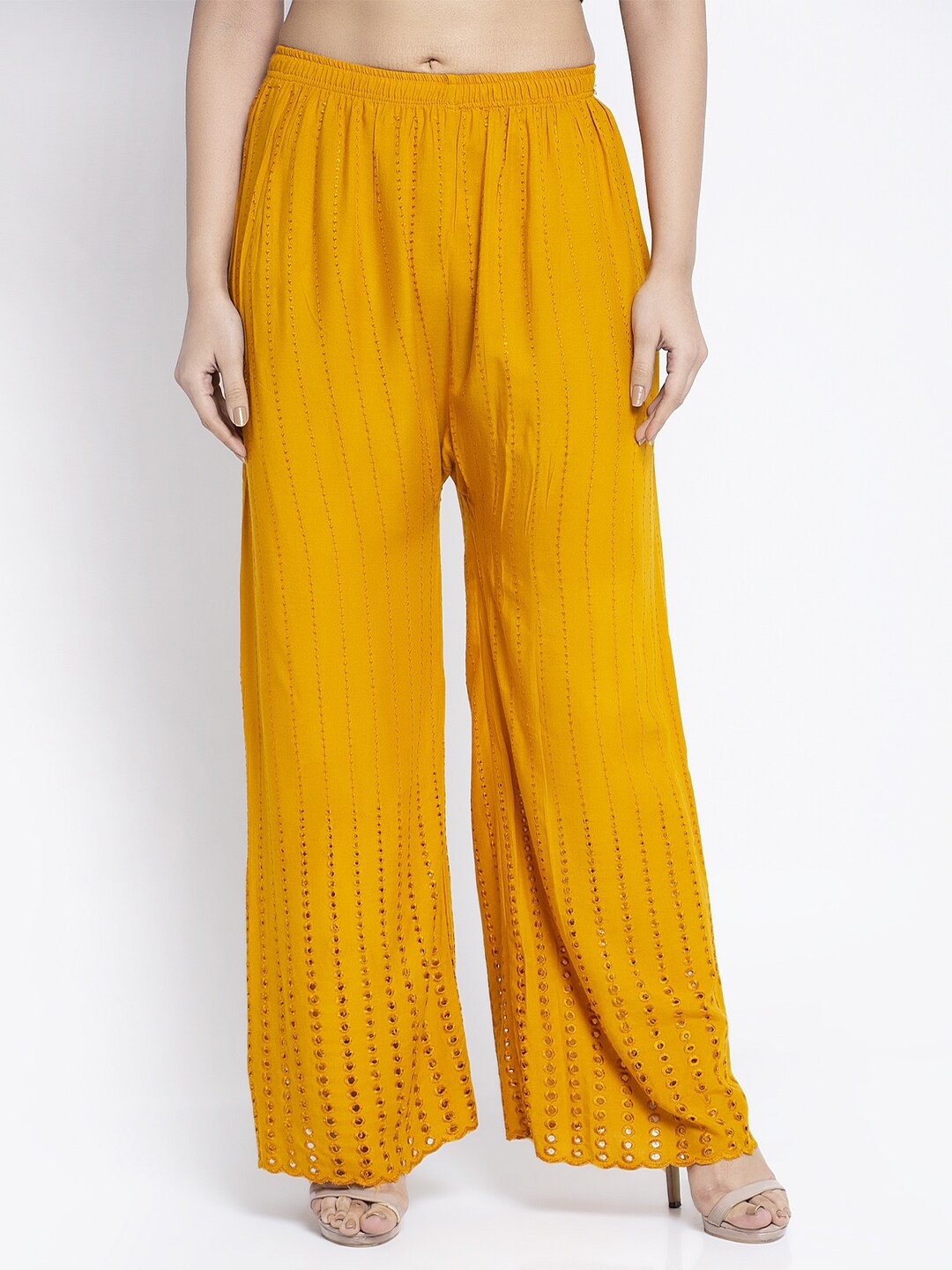 Jinfo Women Yellow Embroidered Flared Knitted Ethnic Palazzos