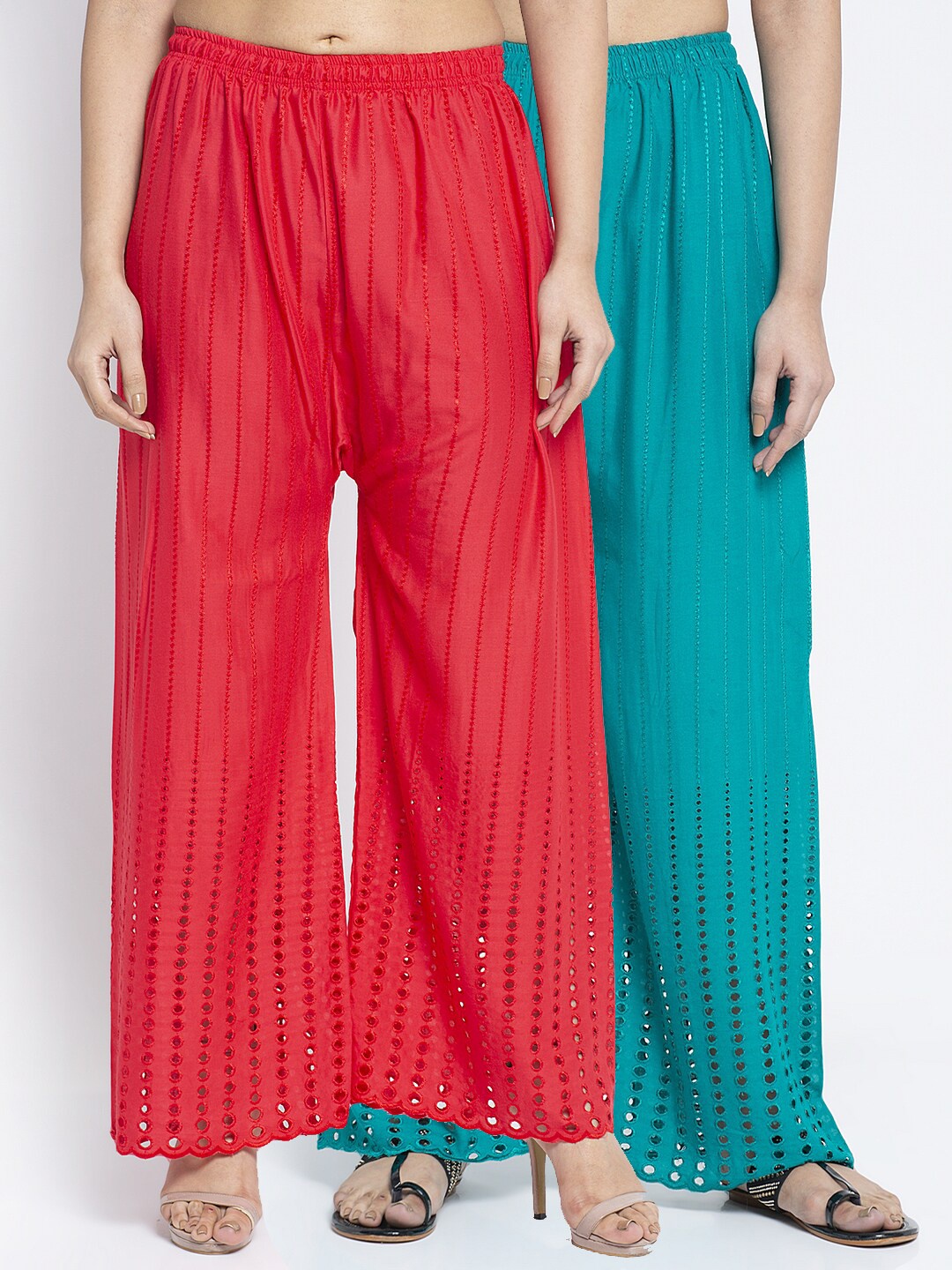 Jinfo Set-2 Women Red & Blue Embroidered Flared Knitted Ethnic Palazzos