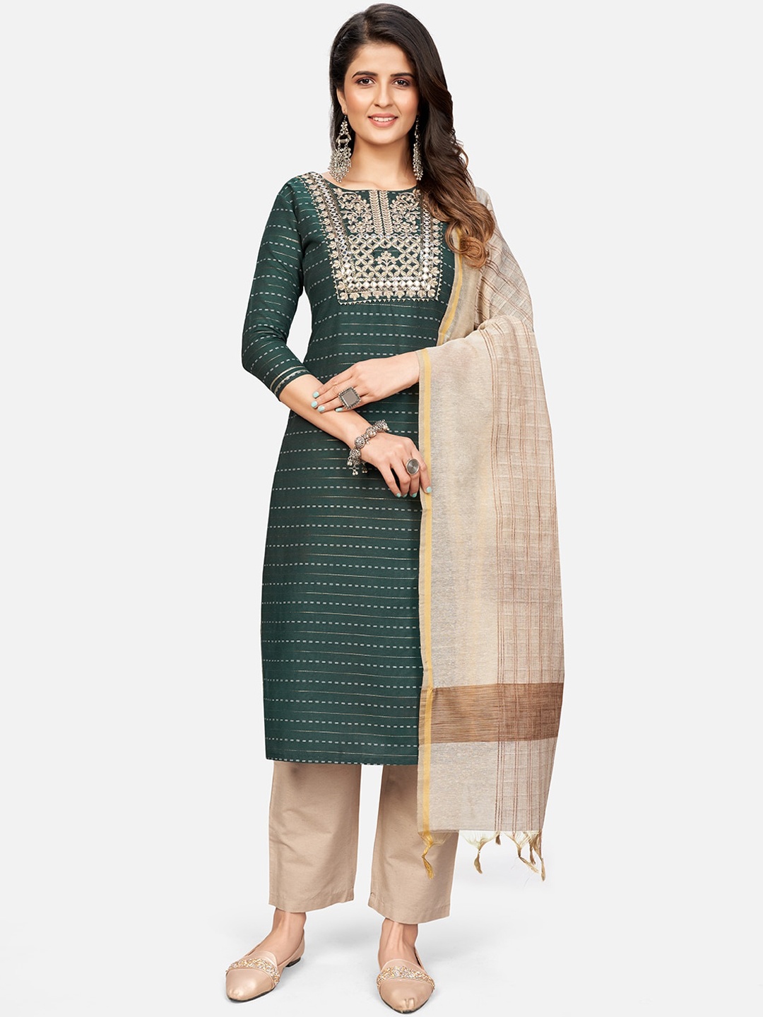 Vbuyz Women Green & Beige Striped Mirror Work Cotton Blend Kurta with Trousers & Dupatta
Vbuyz Women Green & Beige Striped Mirror Work Cotton Blend Kurta with Trousers & Dupatta