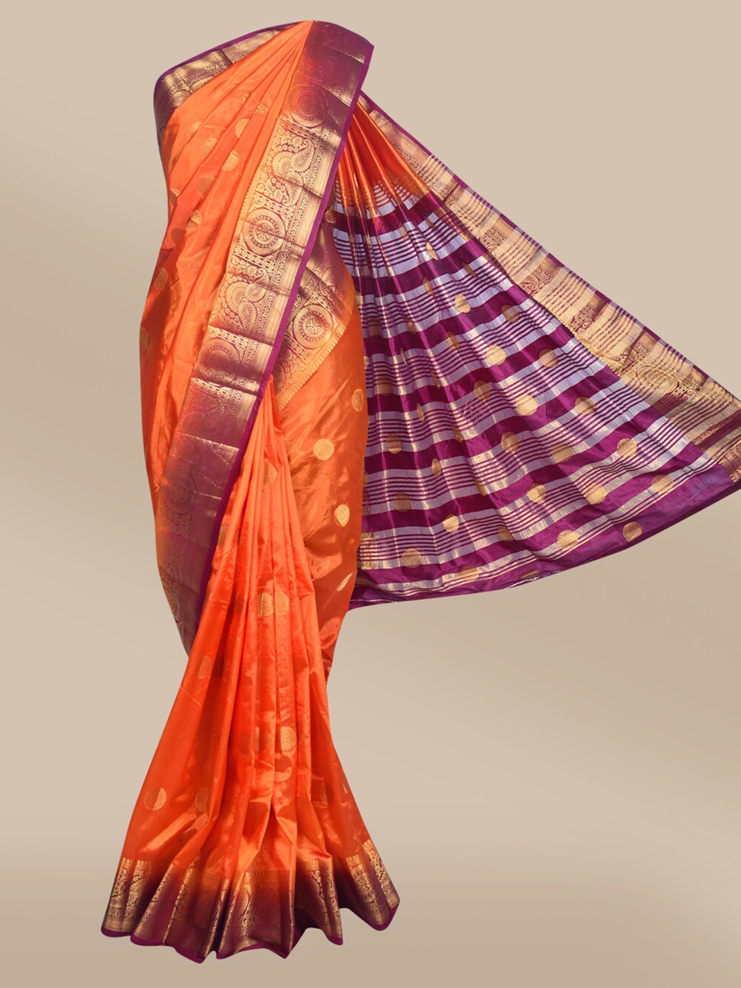 The Chennai Silks Orange & Magenta Ethnic Motifs Zari Fusion Nylon Silk Taffeta Saree
The Chennai Silks Orange & Magenta Ethnic Motifs Zari Fusion Nylon Silk Taffeta Saree