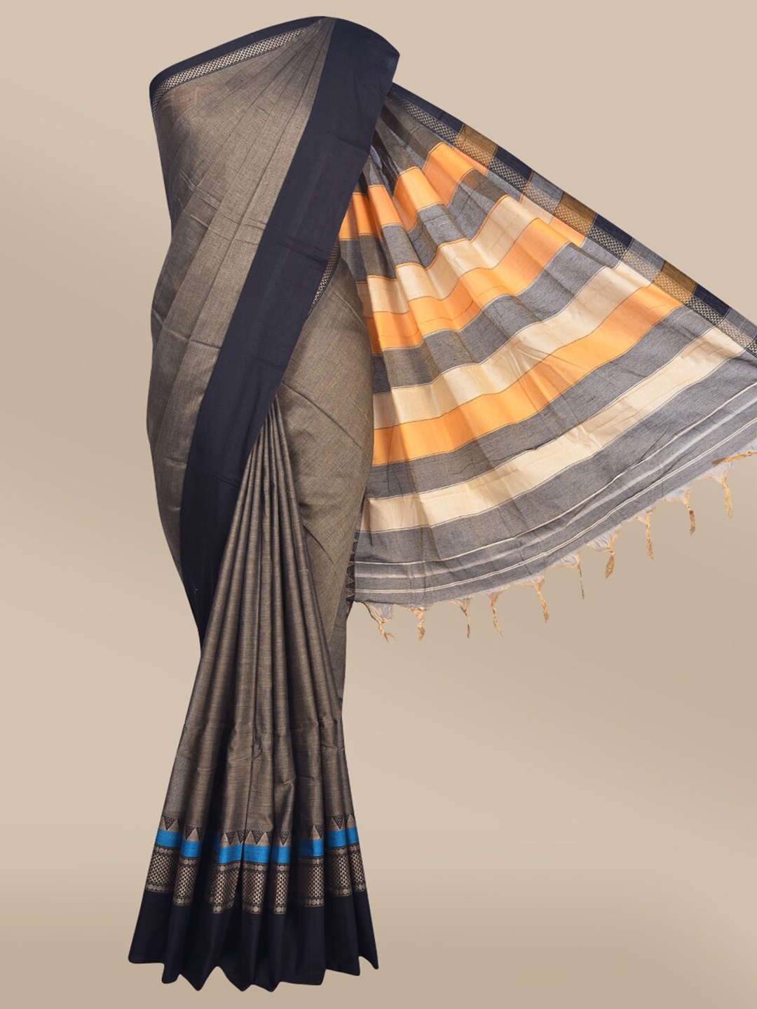The Chennai Silks Brown & Black Striped Fusion Saree
