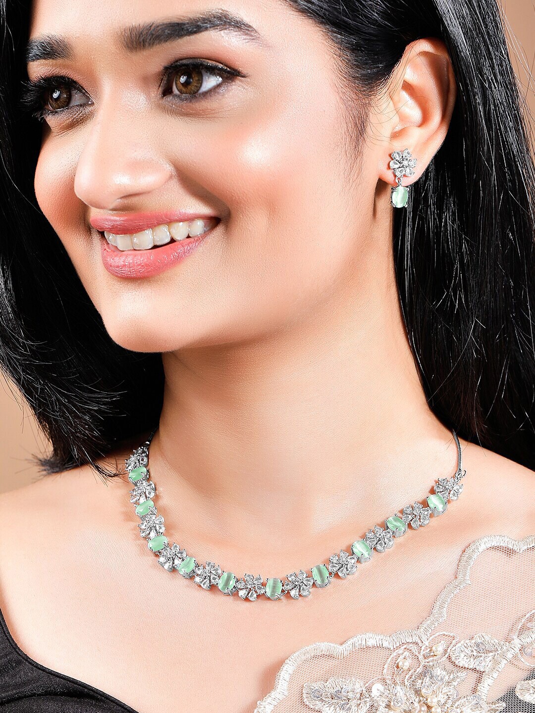 Rubans Silver-Plated CZ-Studded Floral Design Jewellery Set