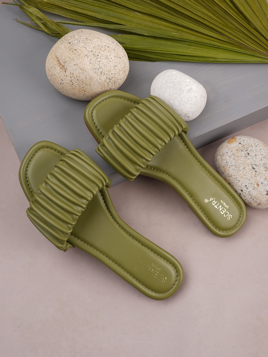 SCENTRA Women Green Striped Open Toe Flats