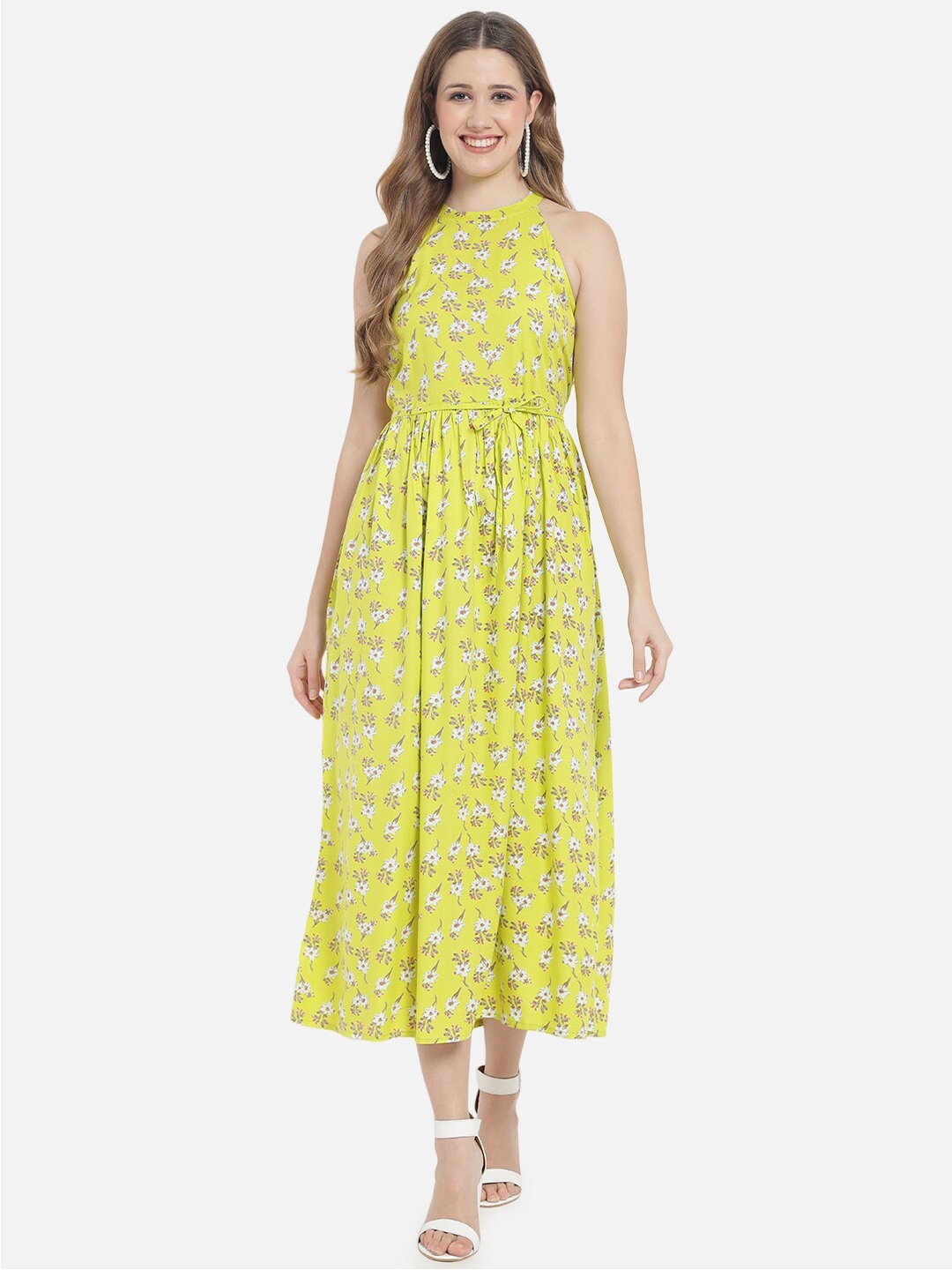 Meeranshi Fluorescent Green & White Floral Midi Dress