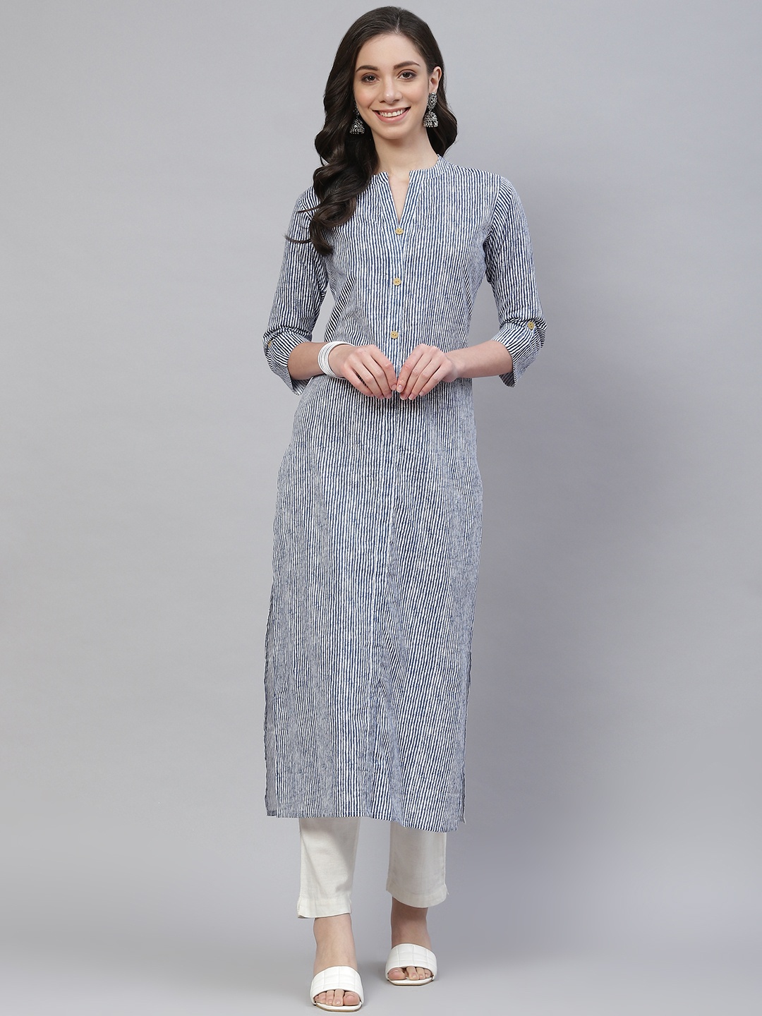 mokshi Women Blue & White Striped Mandarin Collar Roll-Up Sleeves Pure Cotton Kurta
mokshi Women Blue & White Striped Mandarin Collar Roll-Up Sleeves Pure Cotton Kurta