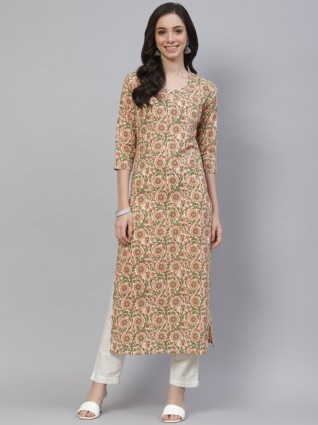 mokshi Women Beige & Pink Floral Print Keyhole Neck Regular Sleeves Pure Cotton Kurta
mokshi Women Beige & Pink Floral Print Keyhole Neck Regular Sleeves Pure Cotton Kurta
