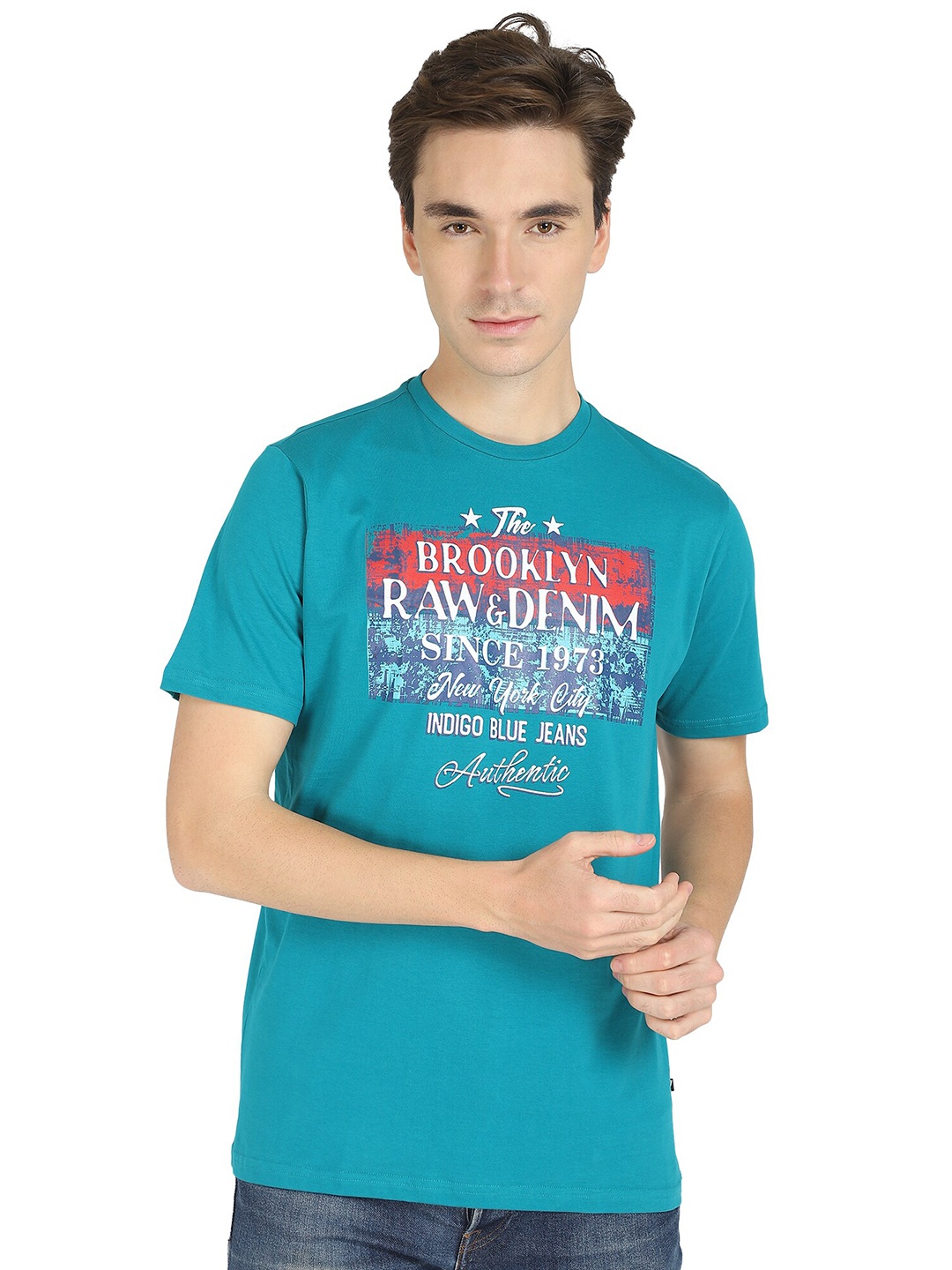 PROTEENS Men Blue & White Printed Round Neck Cotton T-shirt