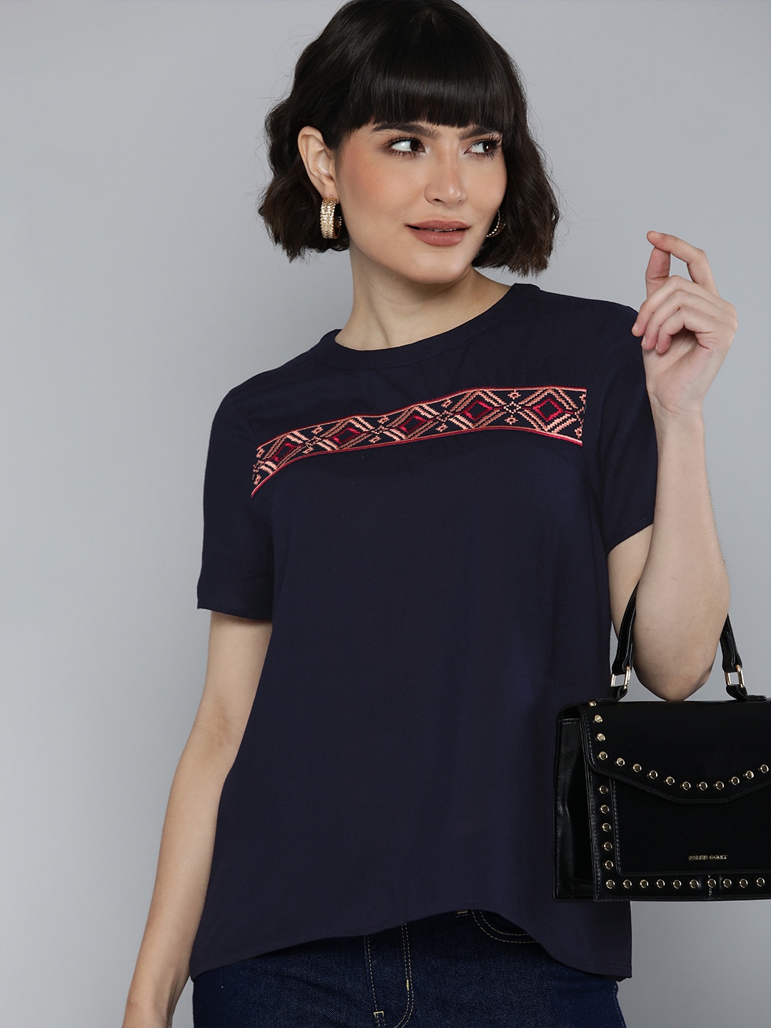 Chemistry Navy Blue Geometric Embroidered Top