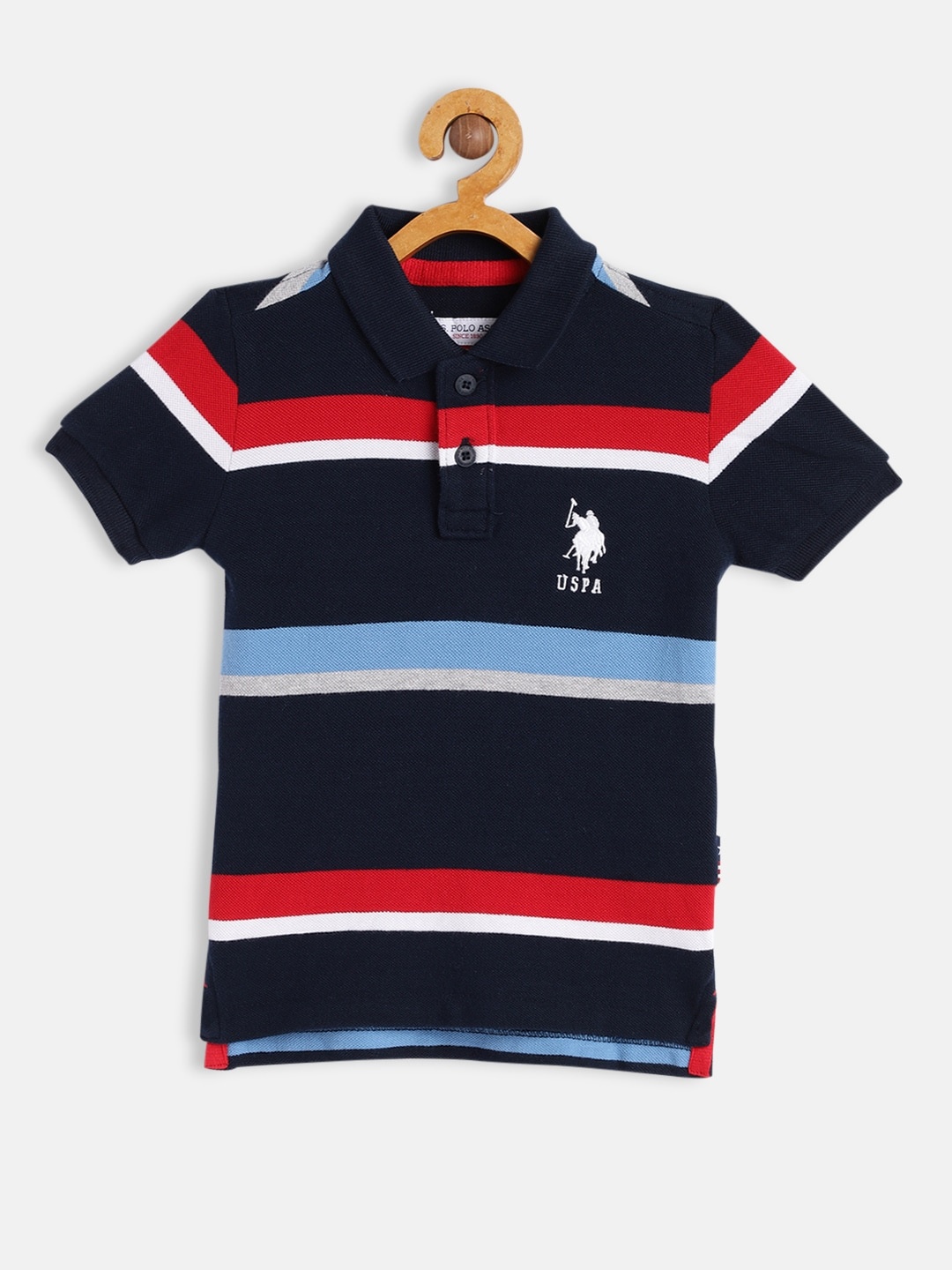 U.S. Polo Assn. Kids Boys Navy Blue & Red Multi Stripes Polo Collar Pure Cotton T-shirt
U.S. Polo Assn. Kids Boys Navy Blue & Red Multi Stripes Polo Collar Pure Cotton T-shirt