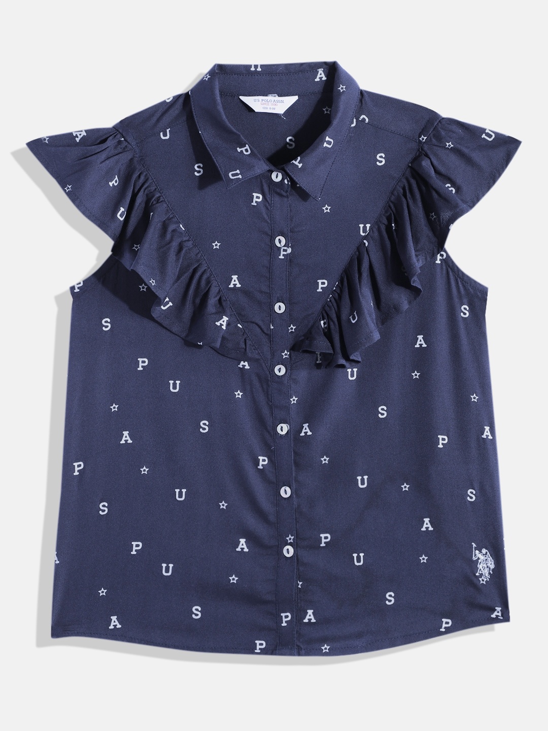 U.S. Polo Assn. Kids Navy Blue Brand Logo Printed Ruffles Shirt Style Top