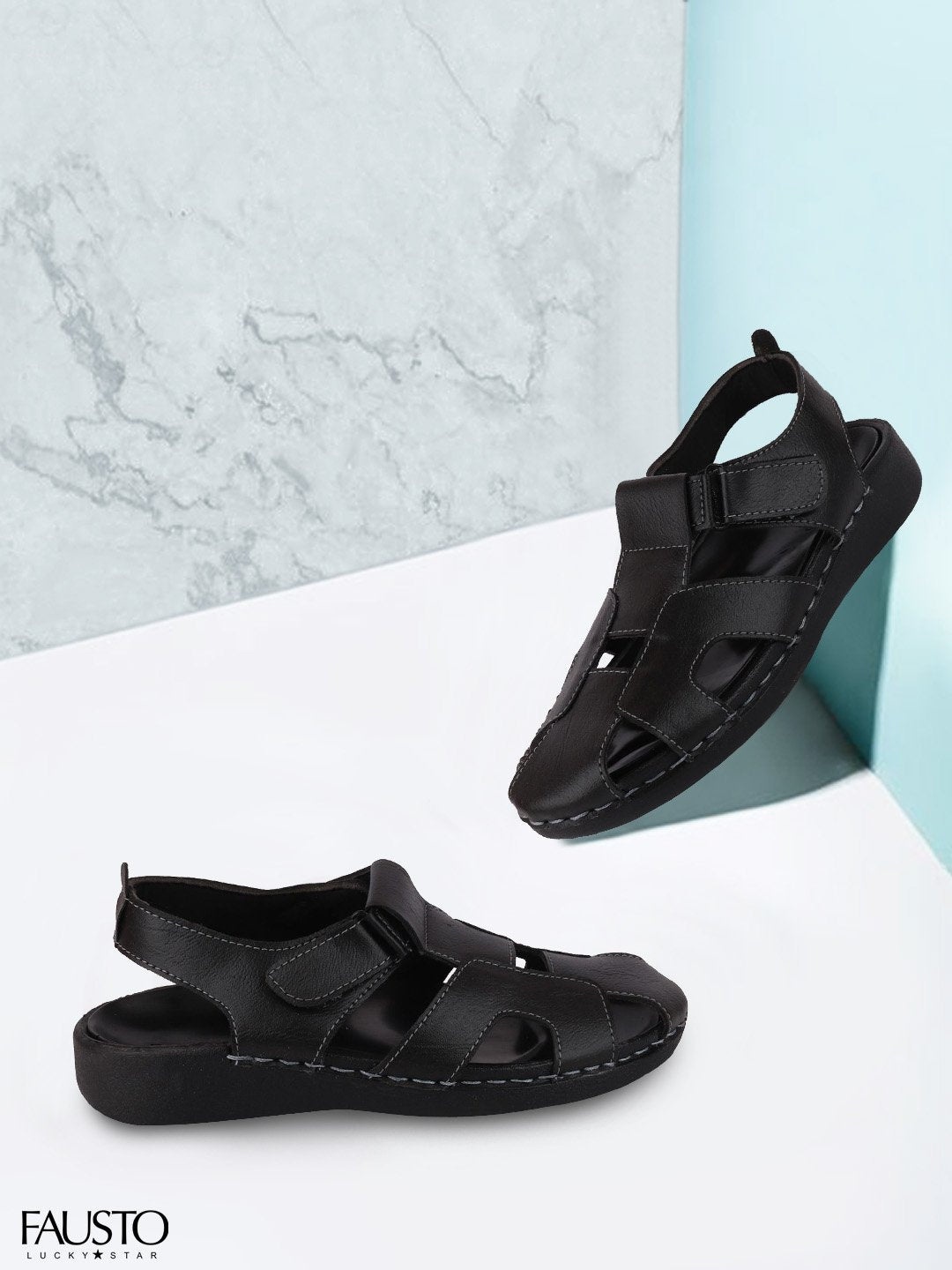 FAUSTO Men Black PU Fisherman Sandals