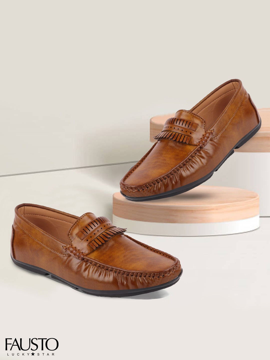 FAUSTO Men Brown Textured PU Slip-On Loafers