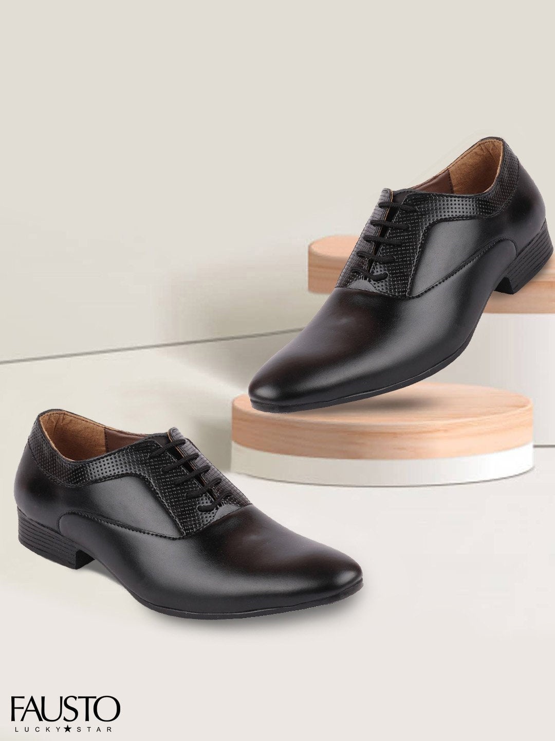 FAUSTO Men Black Solid PU Formal Oxfords