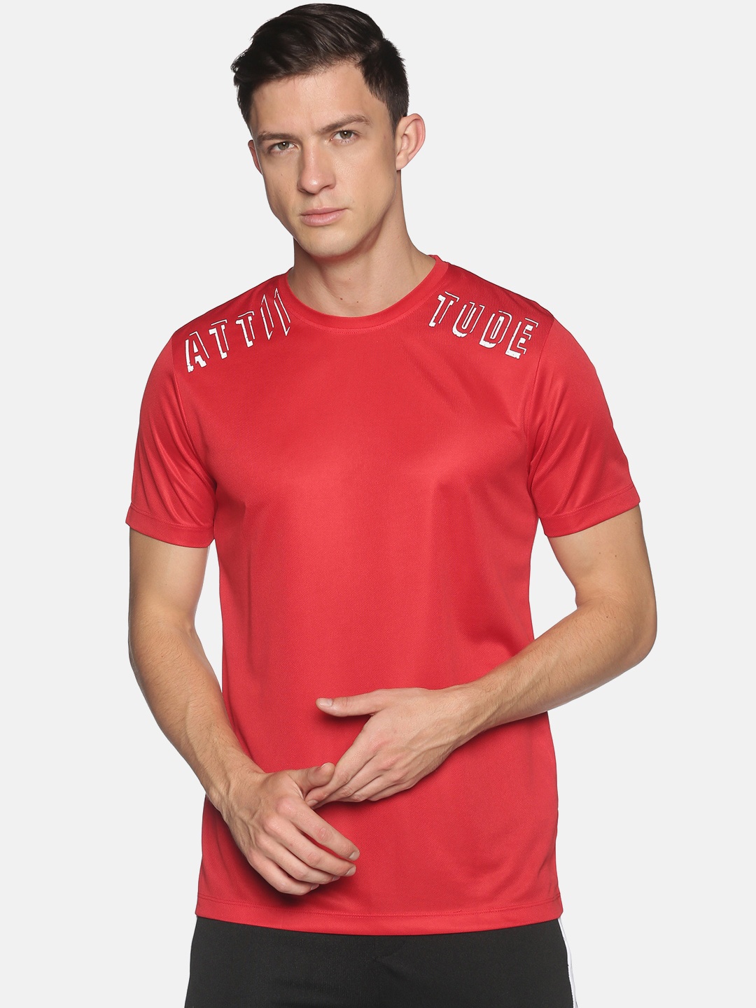 ATTIITUDE Men Red Typography Printed Dry Fit Slim Fit T-shirt