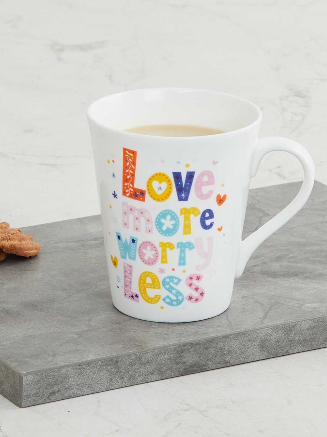 Home Centre White & Blue Printed Bone China Glossy Mug 340 ml