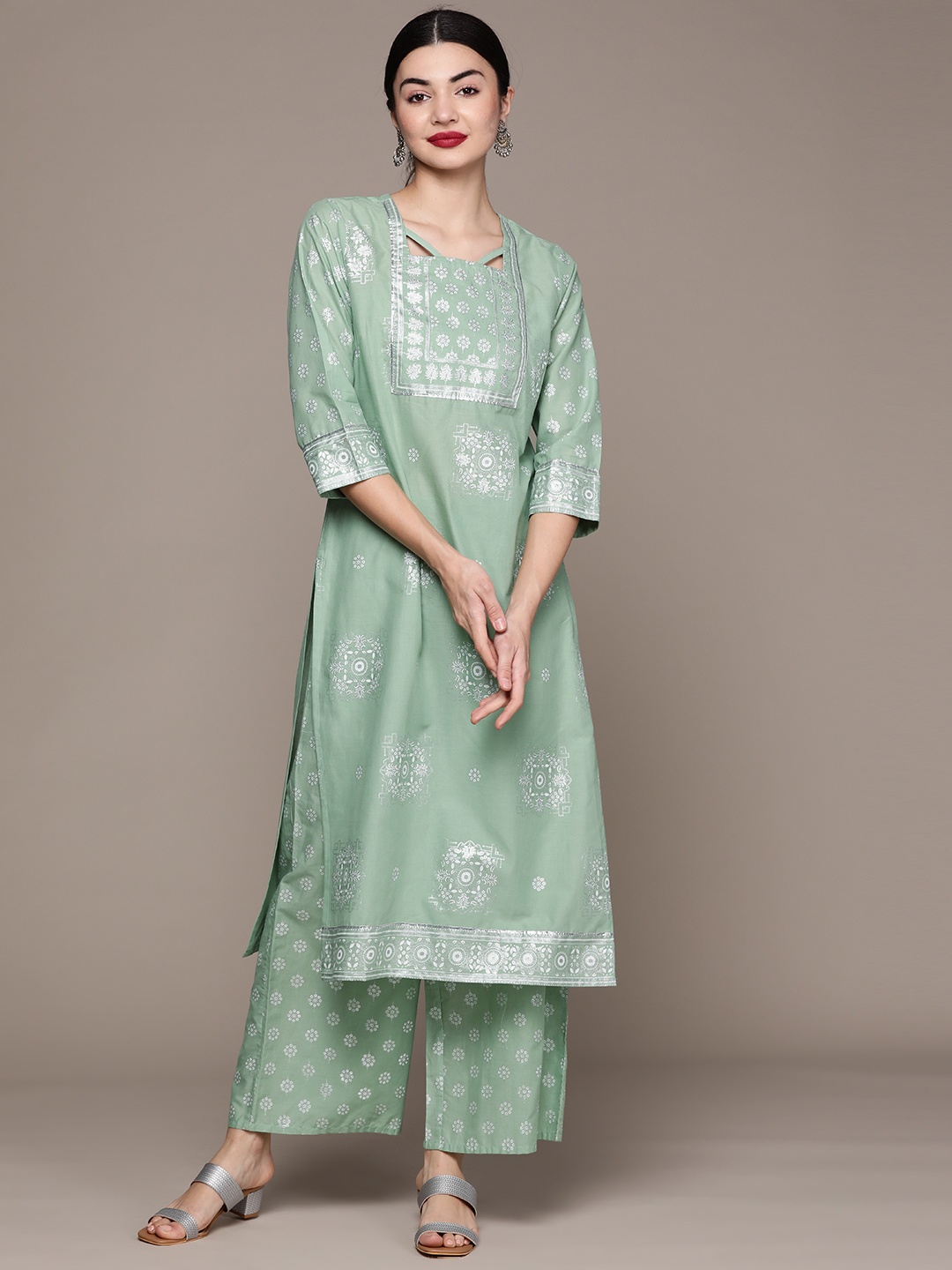 ZIYAA Women Mint Green Ethnic Motifs Printed Kurta with Palazzos