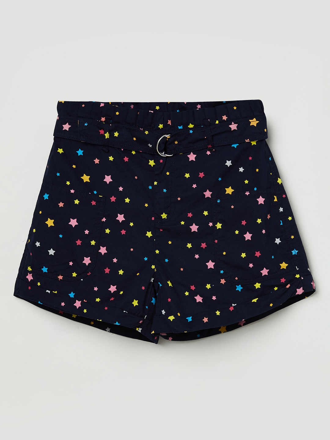 max Girls Navy Blue Printed Cotton Shorts
