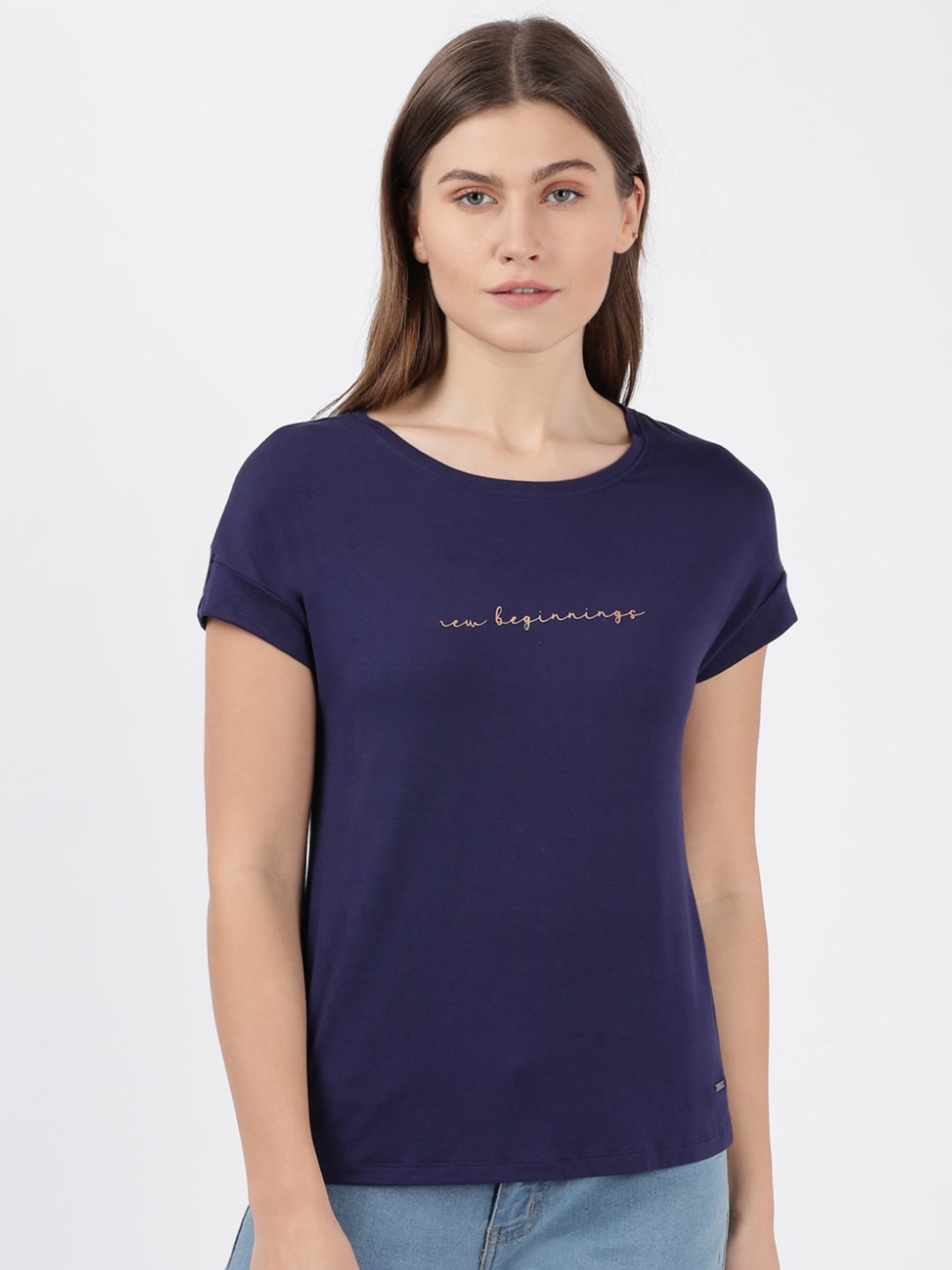 Jockey Women Blue Typography Extended Sleeves T-shirt