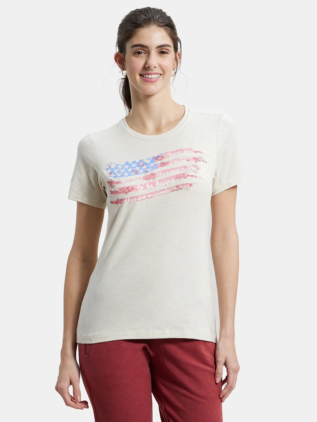 Jockey Women Cream-Coloured Printed T-shirt