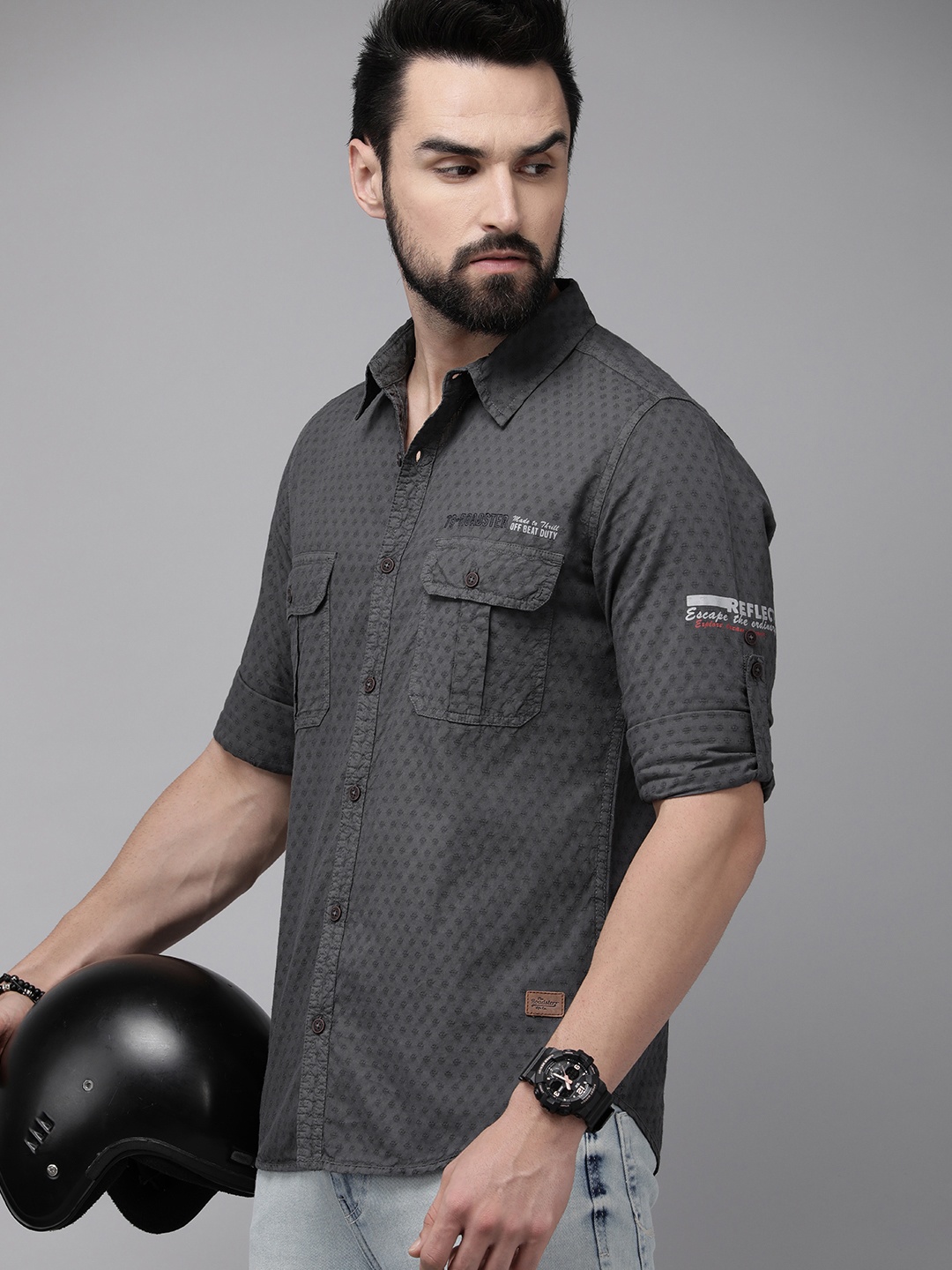 The Roadster Lifestyle Co. Men Charcoal Grey Self-Design Pure Cotton Casual Shirt
The Roadster Lifestyle Co. Men Charcoal Grey Self-Design Pure Cotton Casual Shirt