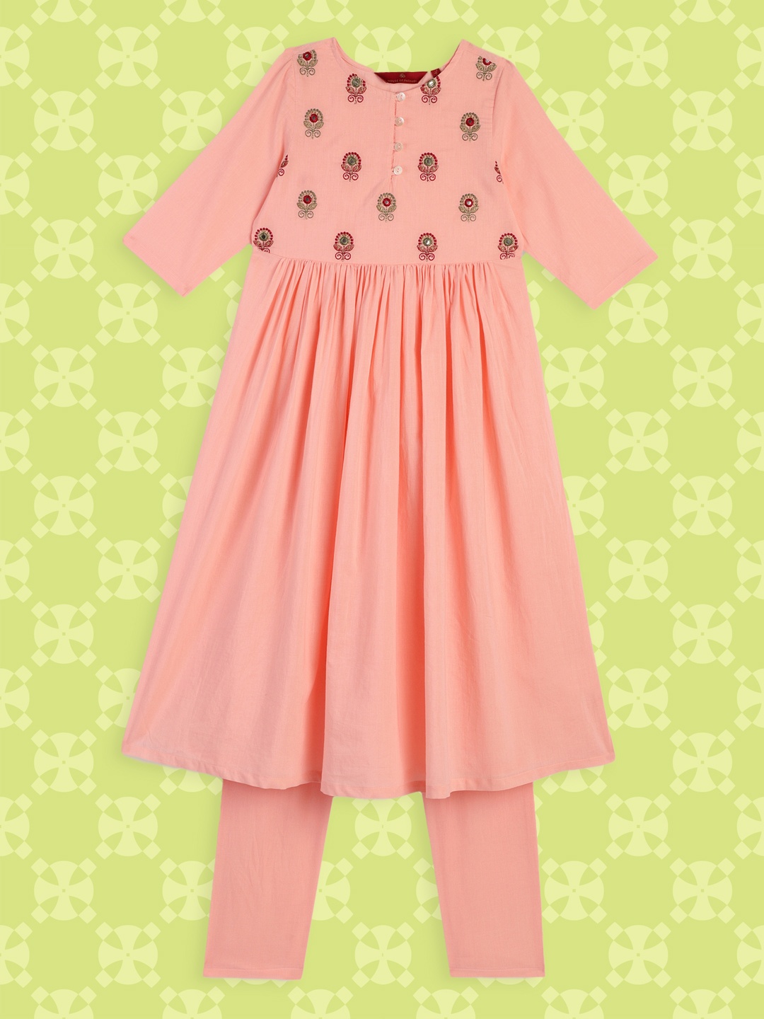 House of Pataudi Girls Peach-Coloured Floral Embroidered Empire Mirror Work Pure Cotton Kurta with Salwar
House of Pataudi Girls Peach-Coloured Floral Embroidered Empire Mirror Work Pure Cotton Kurta with Salwar