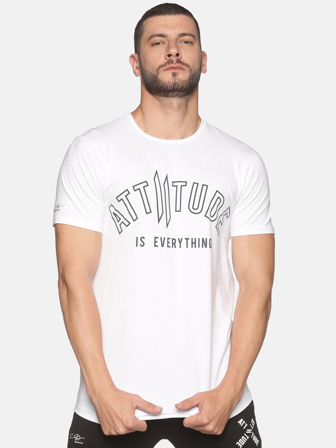 ATTIITUDE Men White Typography Printed Cotton Slim Fit T-shirt