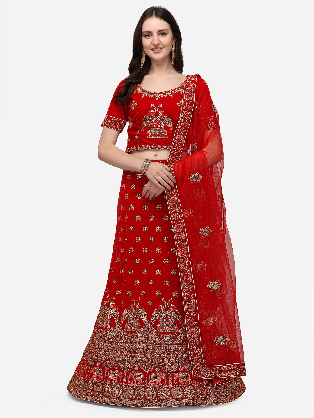 VRSALES Red & Gold-Toned Embroidered Semi-Stitched Lehenga & Unstitched Blouse With Dupatta
VRSALES Red & Gold-Toned Embroidered Semi-Stitched Lehenga & Unstitched Blouse With Dupatta