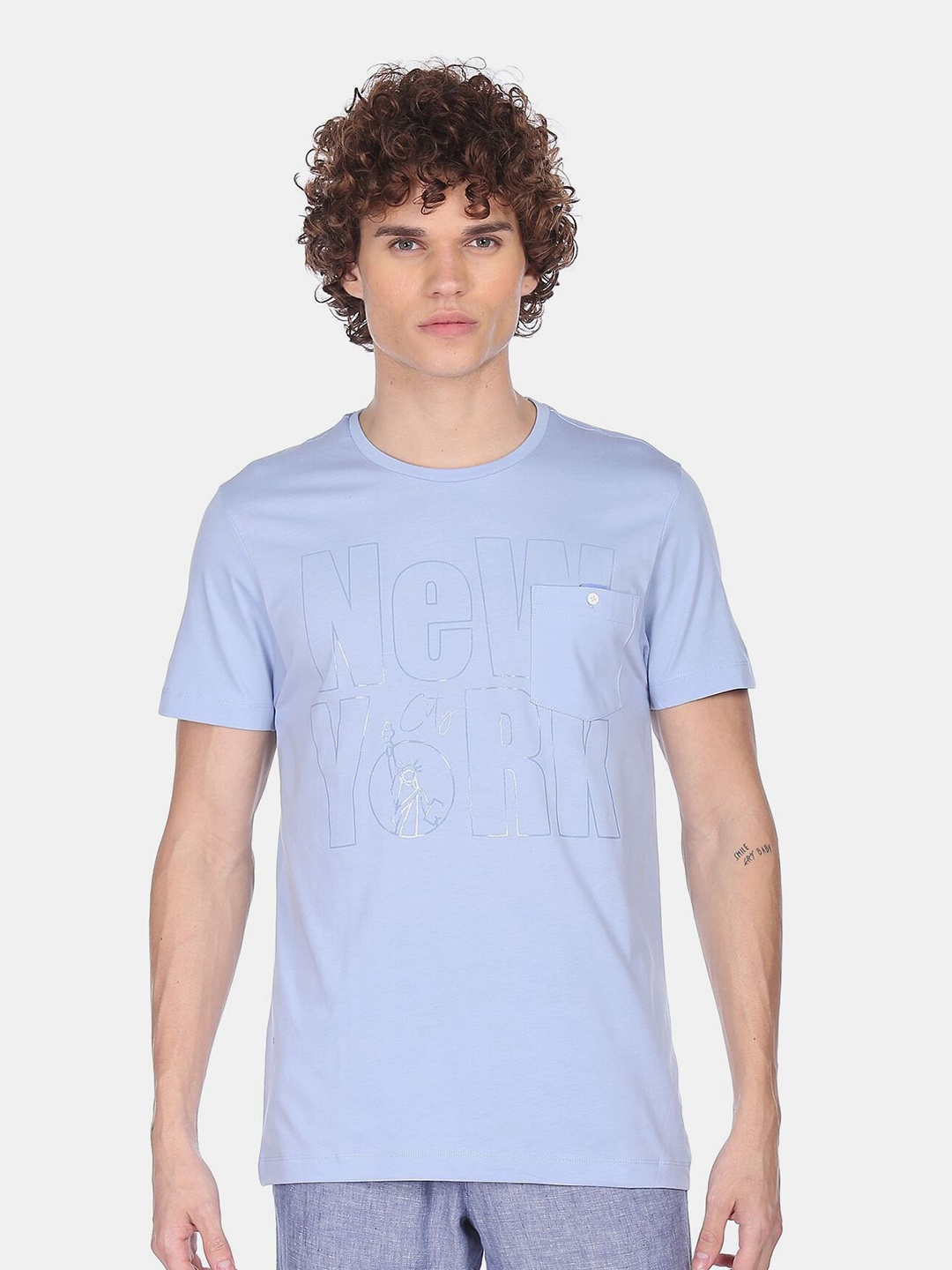 Arrow New York Men Blue Printed Pockets Pure Cotton T-shirt
