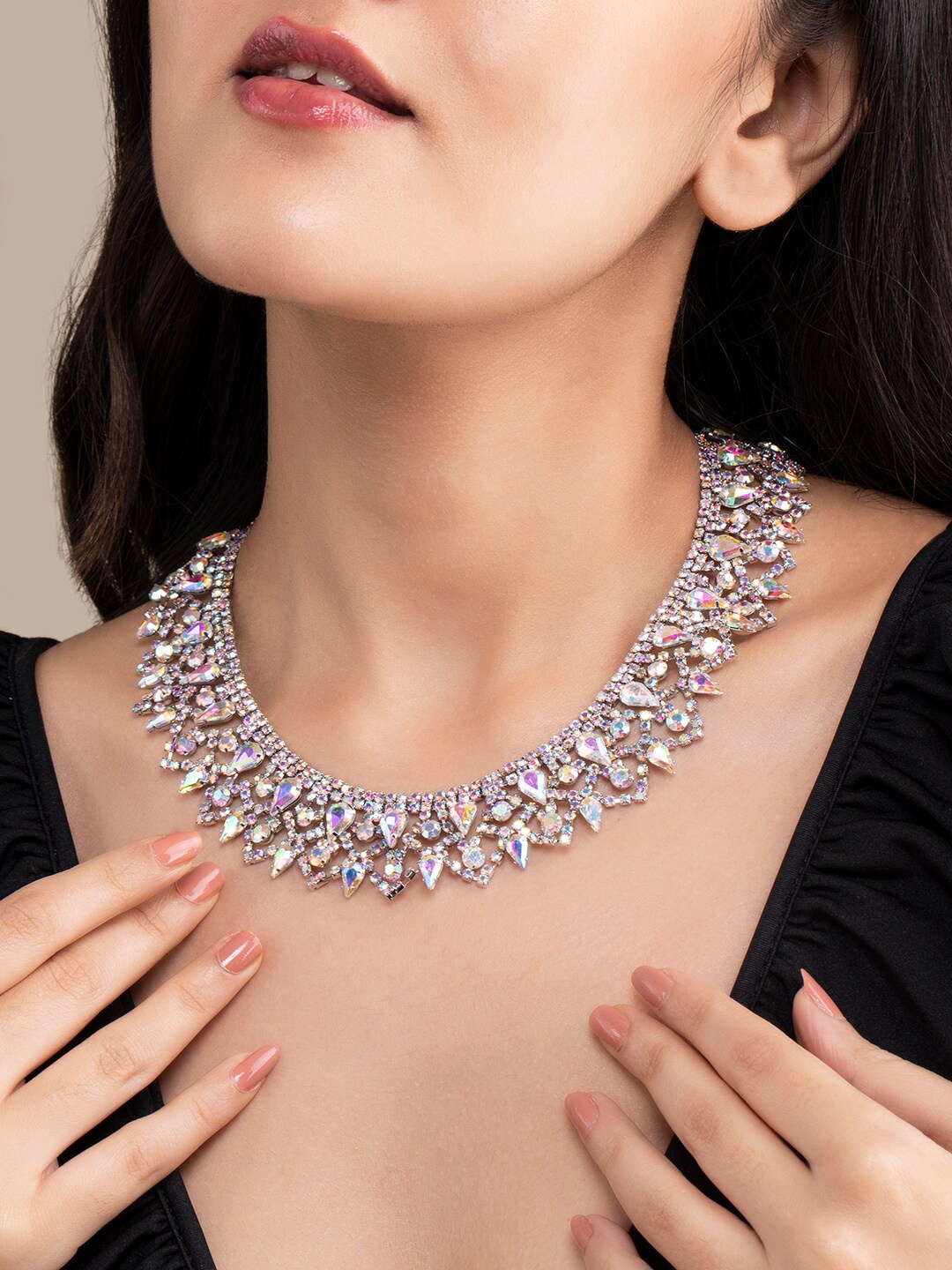 TOKYO TALKIES X rubans FASHION ACCESSORIES Silver-Toned & Blue Zirconia Studded Necklace