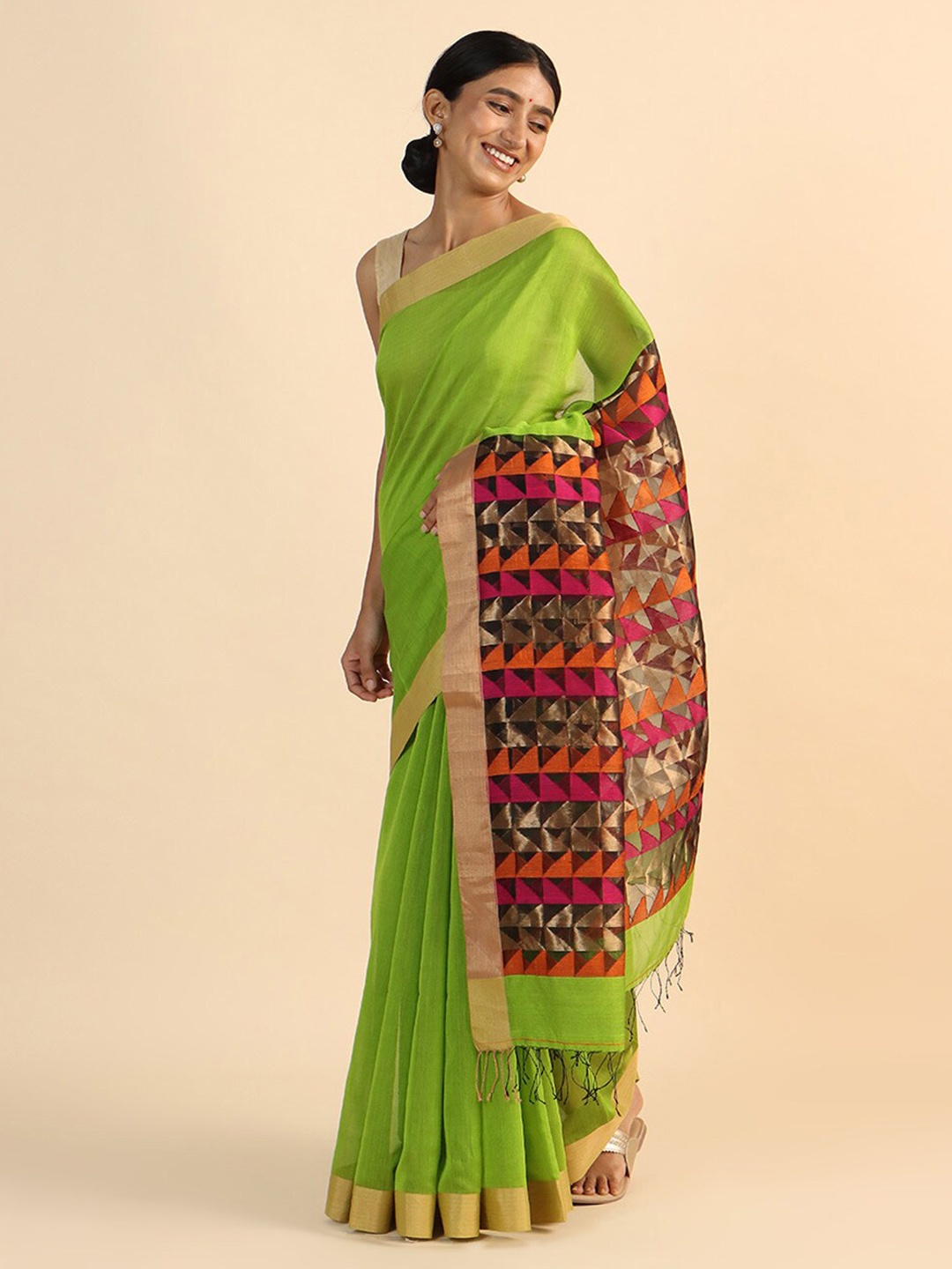 Taneira Green & Pink Zari Silk Cotton Saree