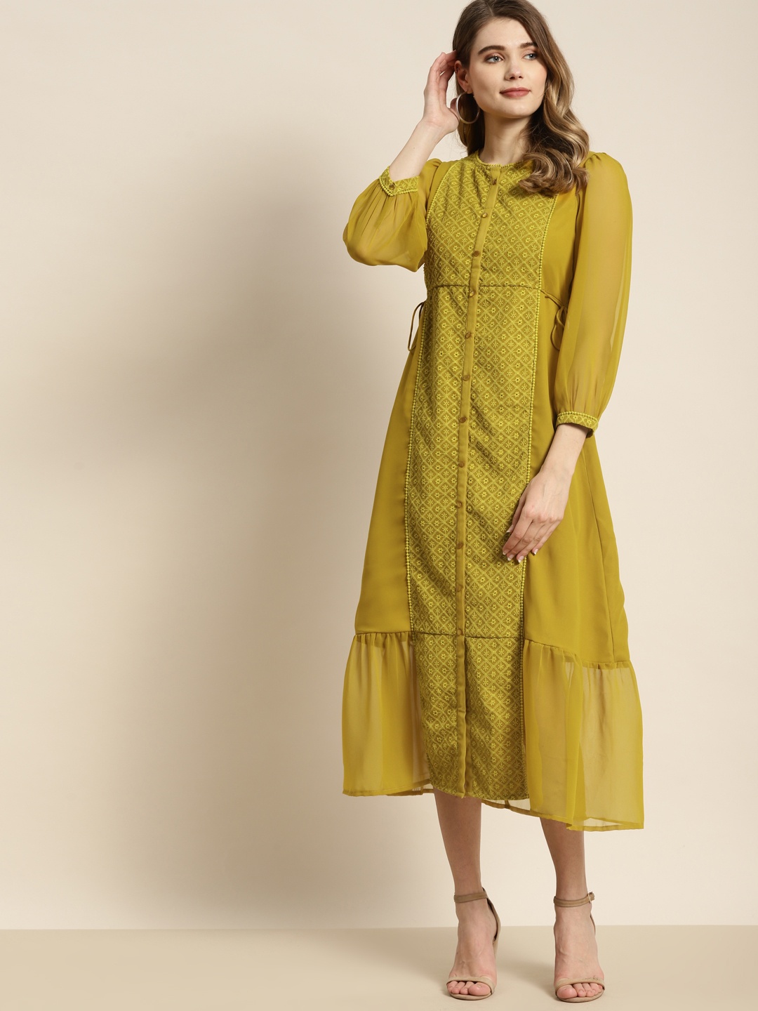 Juniper Olive Green Solid Bishop Sleeves Embroidered Tiered Georgette Empire Midi Dress
Juniper Olive Green Solid Bishop Sleeves Embroidered Tiered Georgette Empire Midi Dress