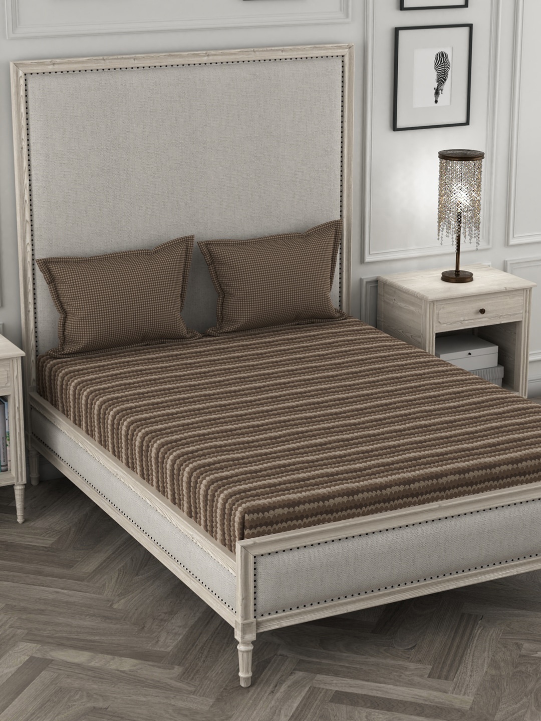 Trident Brown Striped Cotton 1 Bedsheet and 4 Pillow Covers